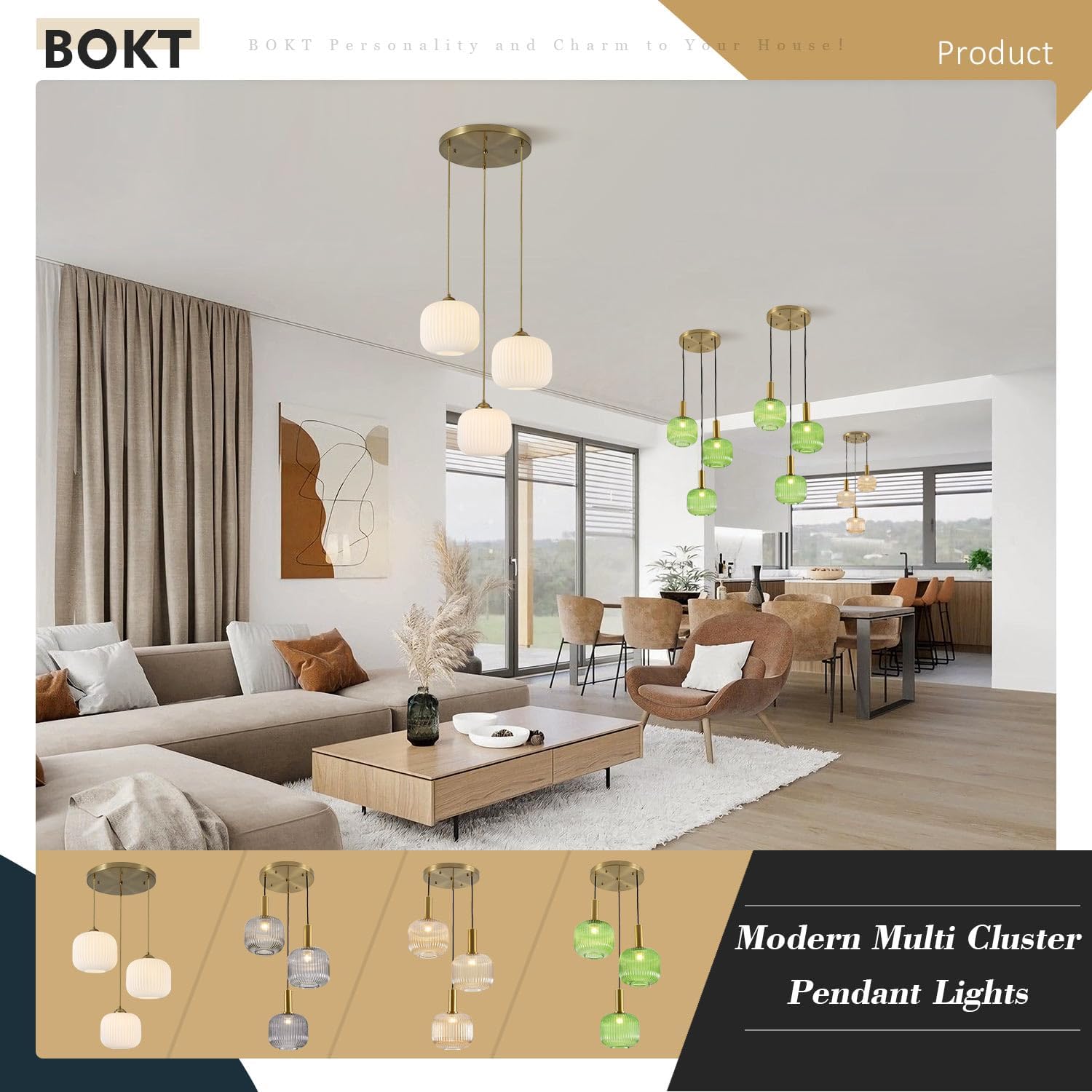 BOKT White Pendant Lights Kitchen Island 3 Light Globe Cluster Pendant Light Large Ribbed Glass Cluster Chandelier Gold Vintage Adjustable Hanging Light Fixture for Sink Dining Room