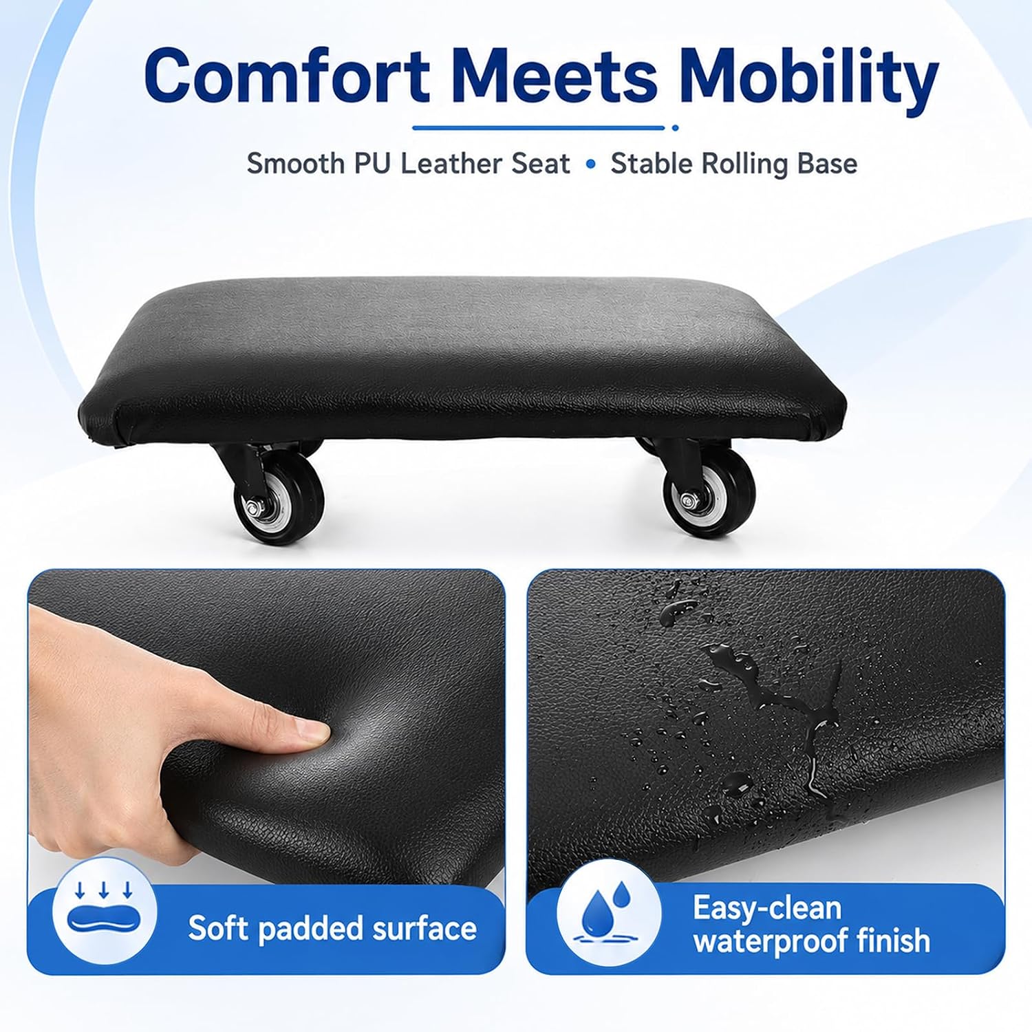 Roller Seat, Low Height Rolling Stool, PU Leather Seat with 360 Degree Rotating Wheel, Heavy-Duty Movable Stools for Manicure Home Fitness Sport Garage Shop, 2.8 in Height, Black