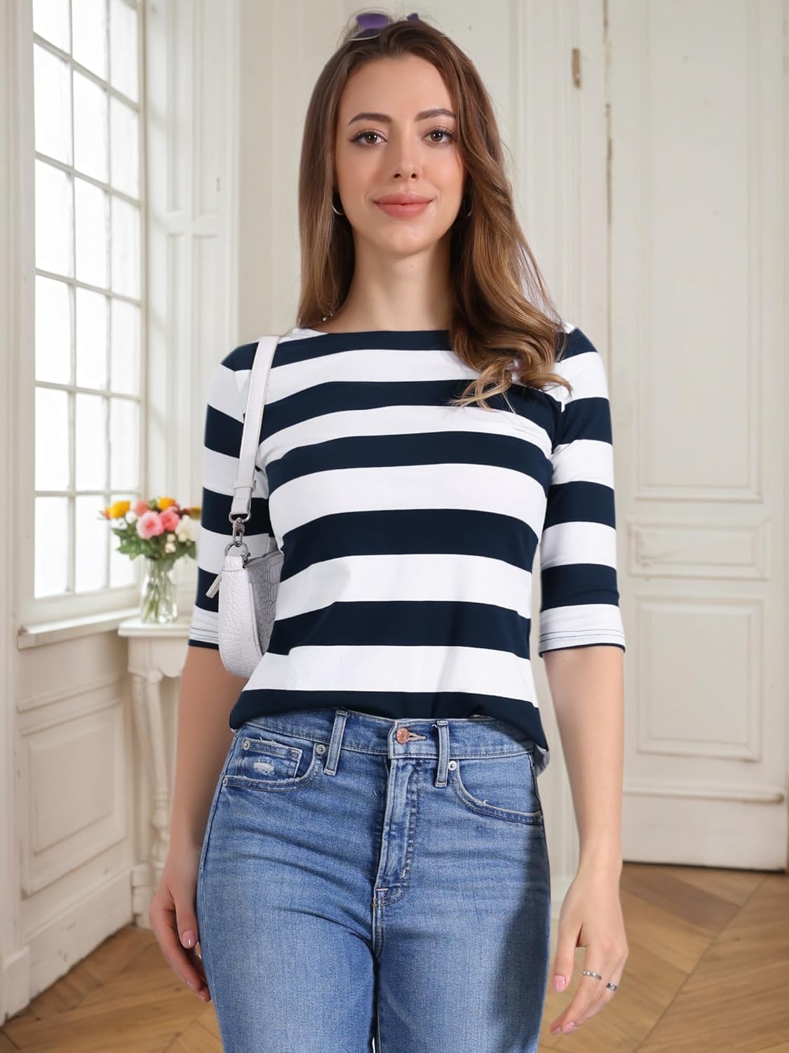 Allegra K Women's Striped Shirt Elbow Sleeve Slim Fit Tops Casual Basic Boat Neck Top - Image 3
