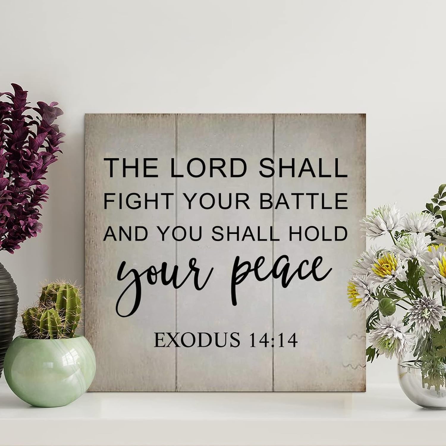 LITTLEGROVE SEEDS Vintage Wood Signs The Lord Shall Fight Your Battle EXODUS 14:14 Wood Plaque Scripture Print Farmhouse Decor Wall Art Wall Hanger Sign Decor for Home Kitchen Living Room 12x12in