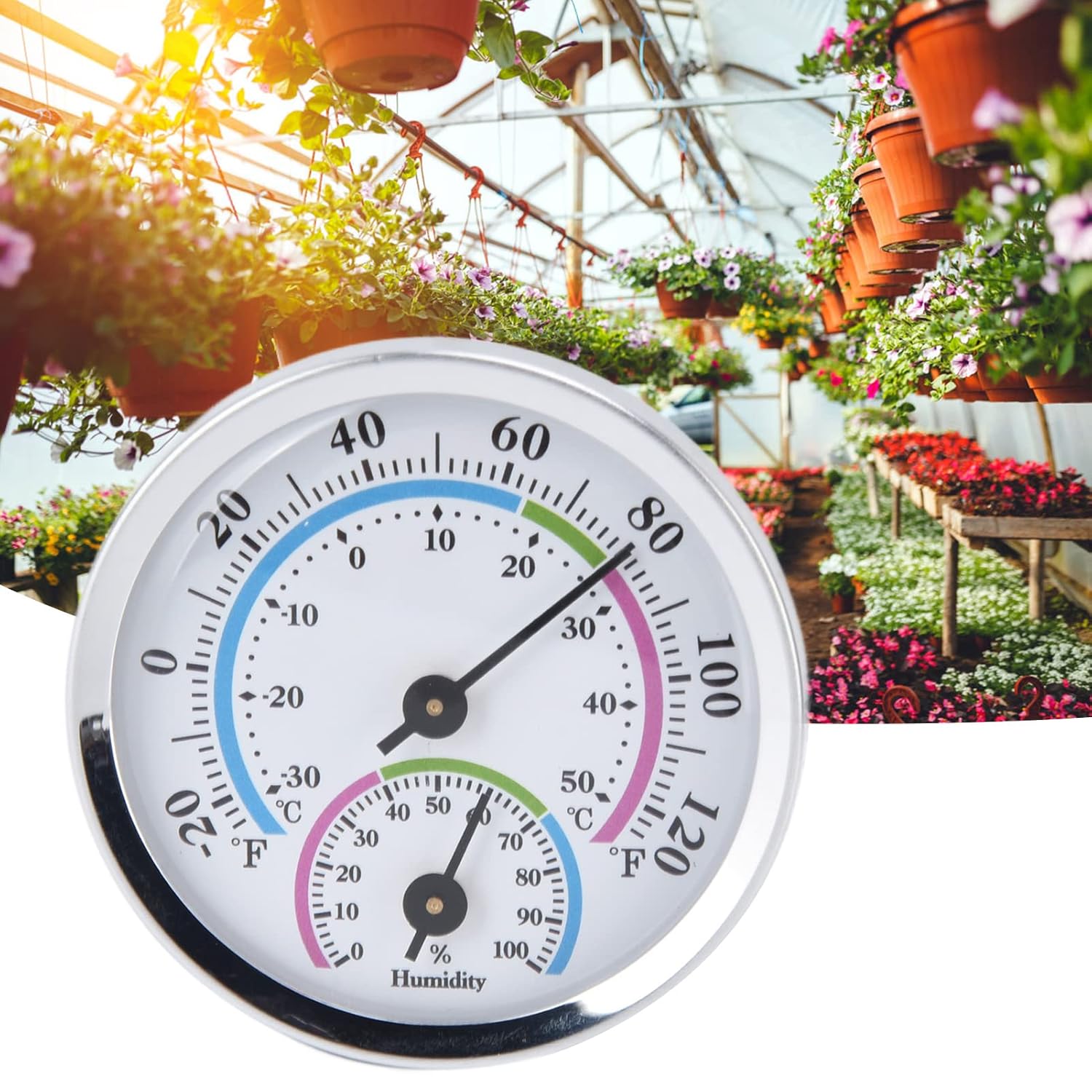 Wall Thermometer, 2 in 1 Hygrometer Clear Graduations Portable no Batteries Required Metal Wall Indoor Outdoor Thermometer Backyard Compost Thermometer for Use in Greenhouses Warehouses Homes Offices