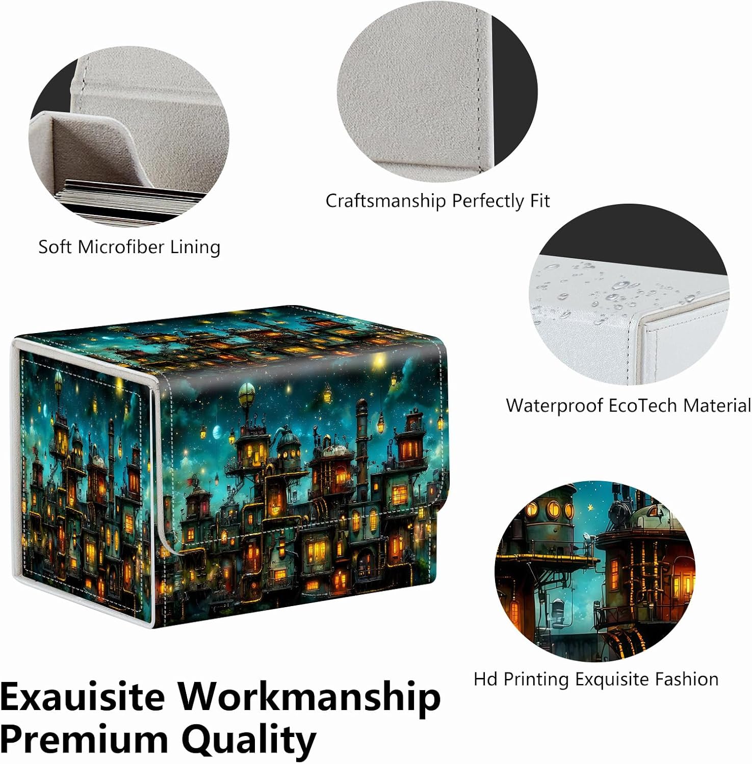 Strong Magnet for TCG MTG Commander Deck Box Playing Card Case Organizer Trading Card Case Creative Pattern Trading Card Storage Box for Collectible Games Up to 200 Cards,Retro Steampunk City image 3