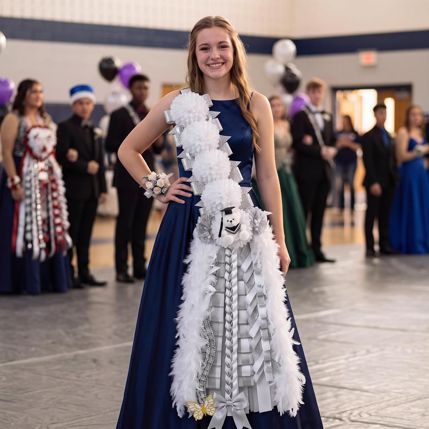 50" Homecoming Mum Sash Flowers with Teddy Bear Bow Ribbon, Silver White