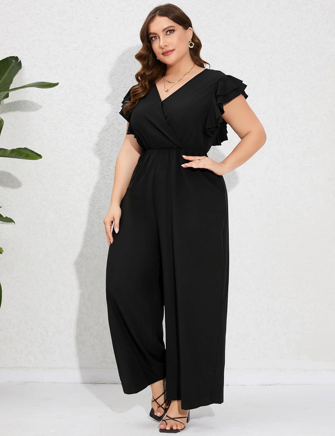 ShopWonder Women Plus Size Jumpsuit Wrap V Neck Ruffle Short Sleeves High Waist Wide Leg Romper Pants - Image 5