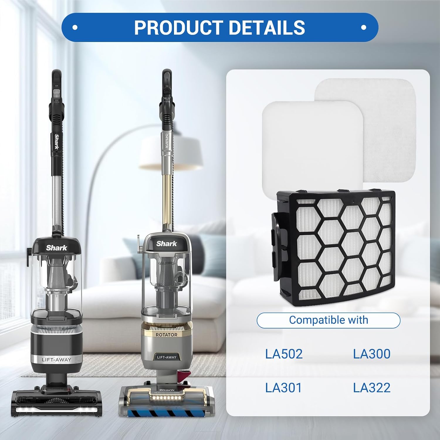 LA502 Filter Replacement for Shark LA300 LA301 LA322 LA500 LA555 LA500WM LA455 LA702 LA360 LA362 LA351 LA401 Rotator Lift-Away ADV DuoClean Upright Vacuum, Part XFFK320 & XHF320, 2 HEPA 4 Foam