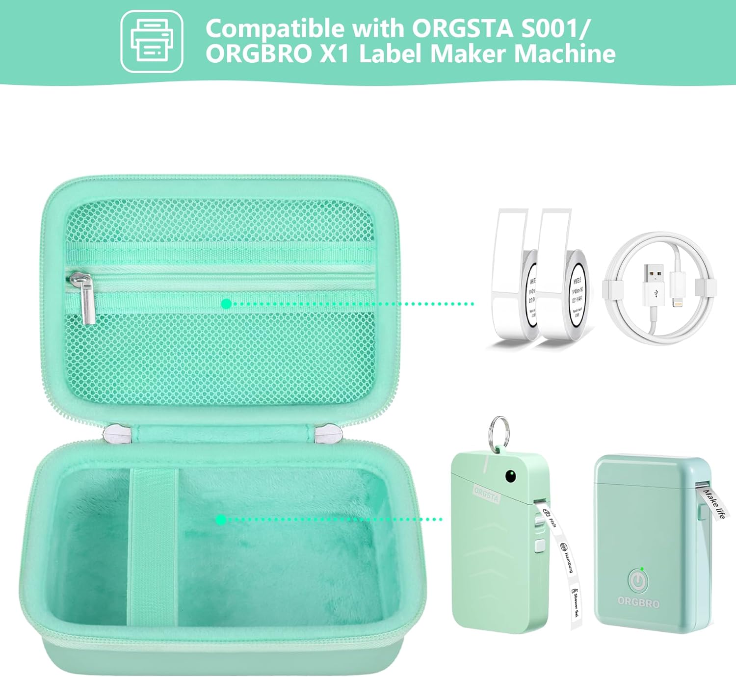 Carrying Case for ORGSTA S001 / for ORGBRO X1 Label Maker Machine, Portable Bluetooth Label Printer Storage Holder Bag with Mesh Pocket for Roll Label Maker Tapes, Typ-C Cable, Green - Image 2