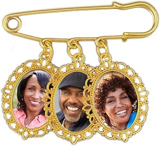 Gold Wedding Bouquet Photo Charm Pin Keepsake for Bridal Bouquet Flowers Memory Charm or Gold Memorial Boutonniere Pin for Groom Add 3 of Your Own Pictures Includes Resizer