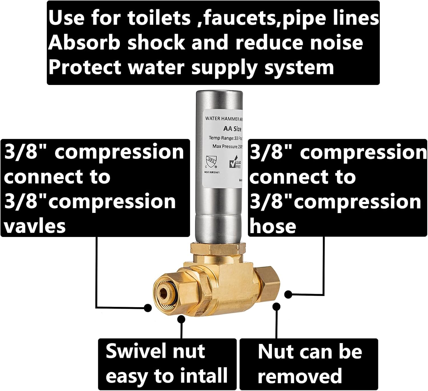 (2 Pack) Lidertik Water Hammer Arrestor for Dishwasher and Toilet 3/8 Inch Male Compression and 3/8 Inch Female Compression, Absorb Shock and Reduce Noise for Water Pipe
