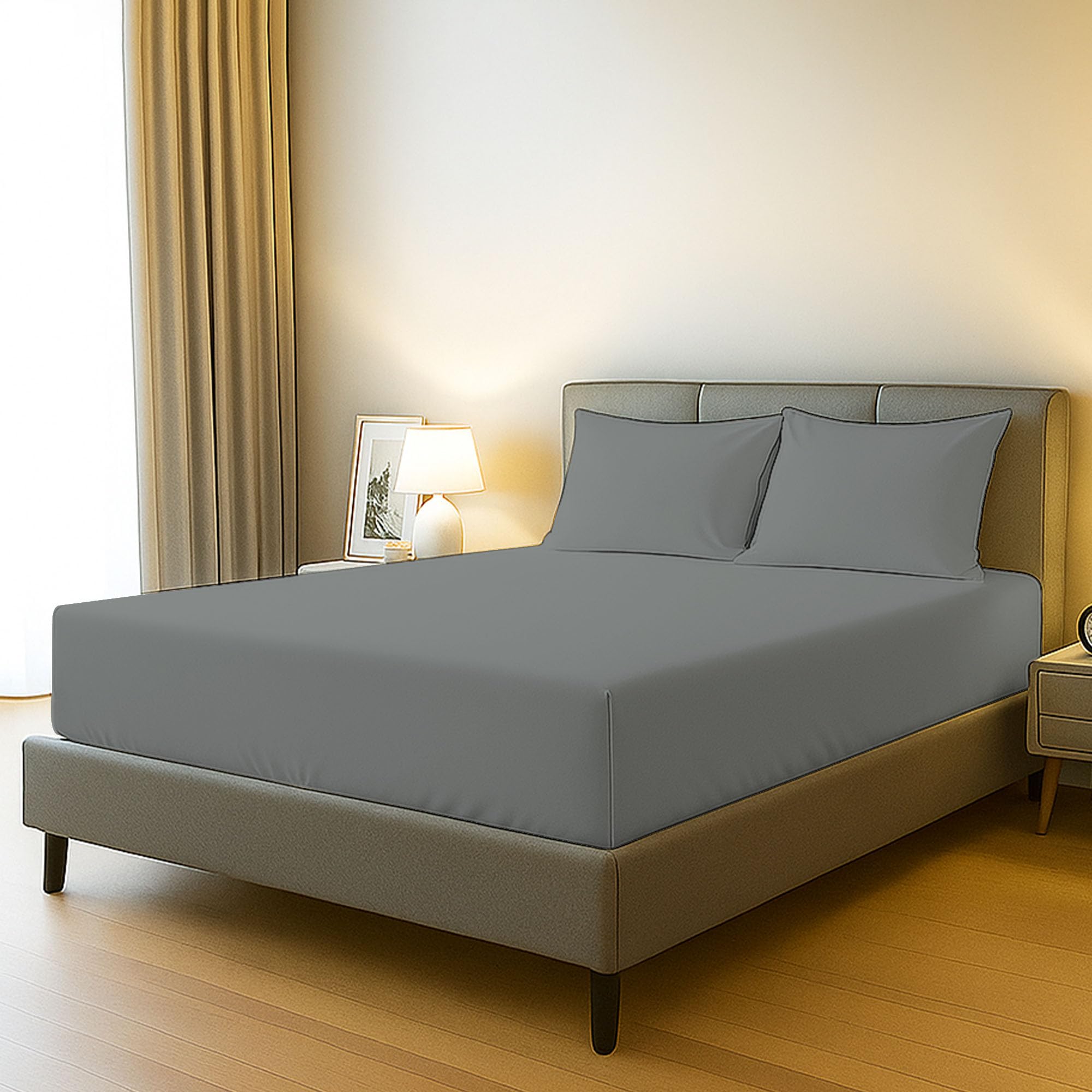 Bloombedding Grey 100% Egyptian Cotton 400Tc 3Pc Single Fitted Sheet Set, 40Cm Deep Pocket