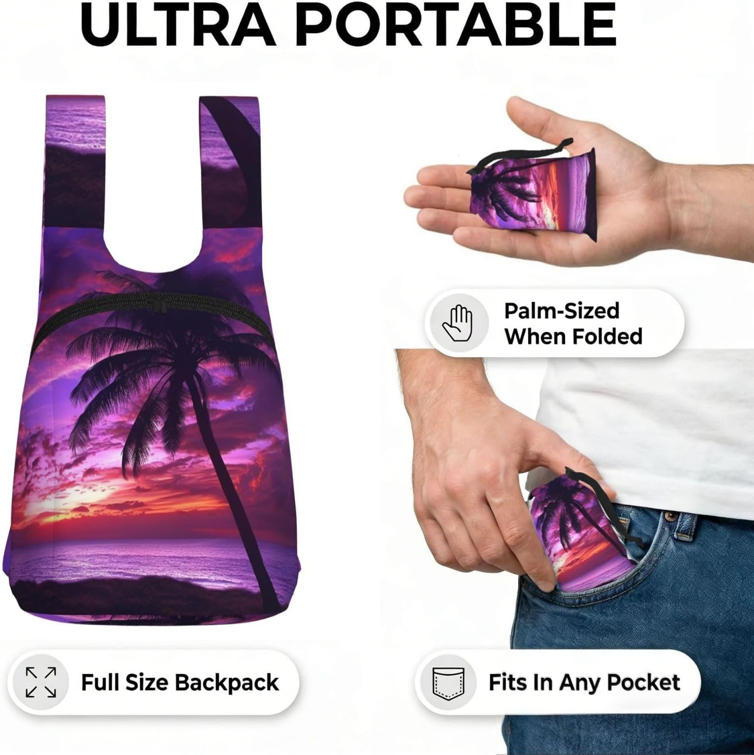 Palm Tree Purple Sunset Backpack - Lightweight 16L Foldable Hiking Daypack Packable Back Pack Travel Bag Zipper image 4