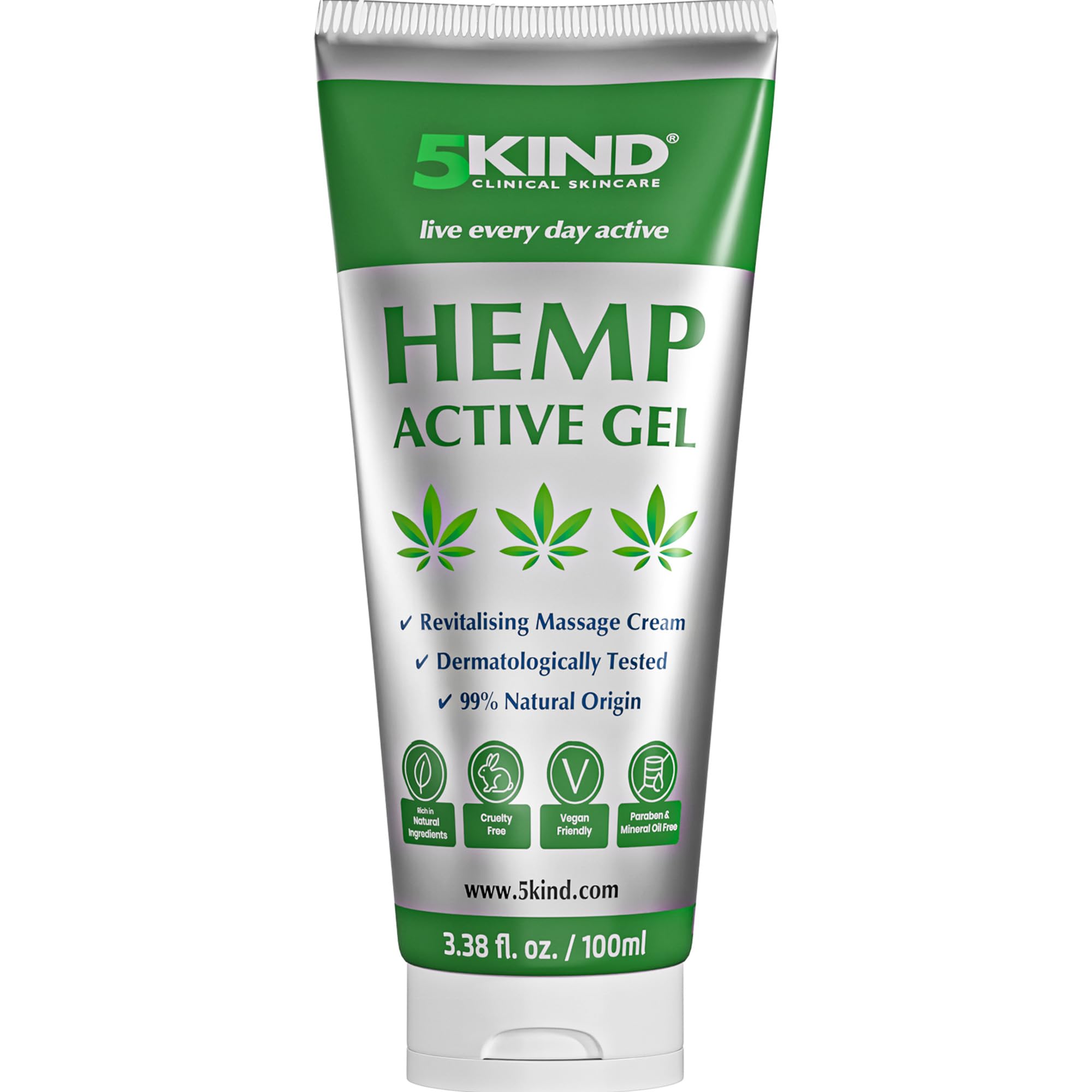 5kind Hemp Active Gel 100ml - High Strength Formula - Natural Hemp Massage Gel for Back, Muscles, Feet, Knees, Neck & Shoulders - Muscle Rub Rich in Natural Extracts