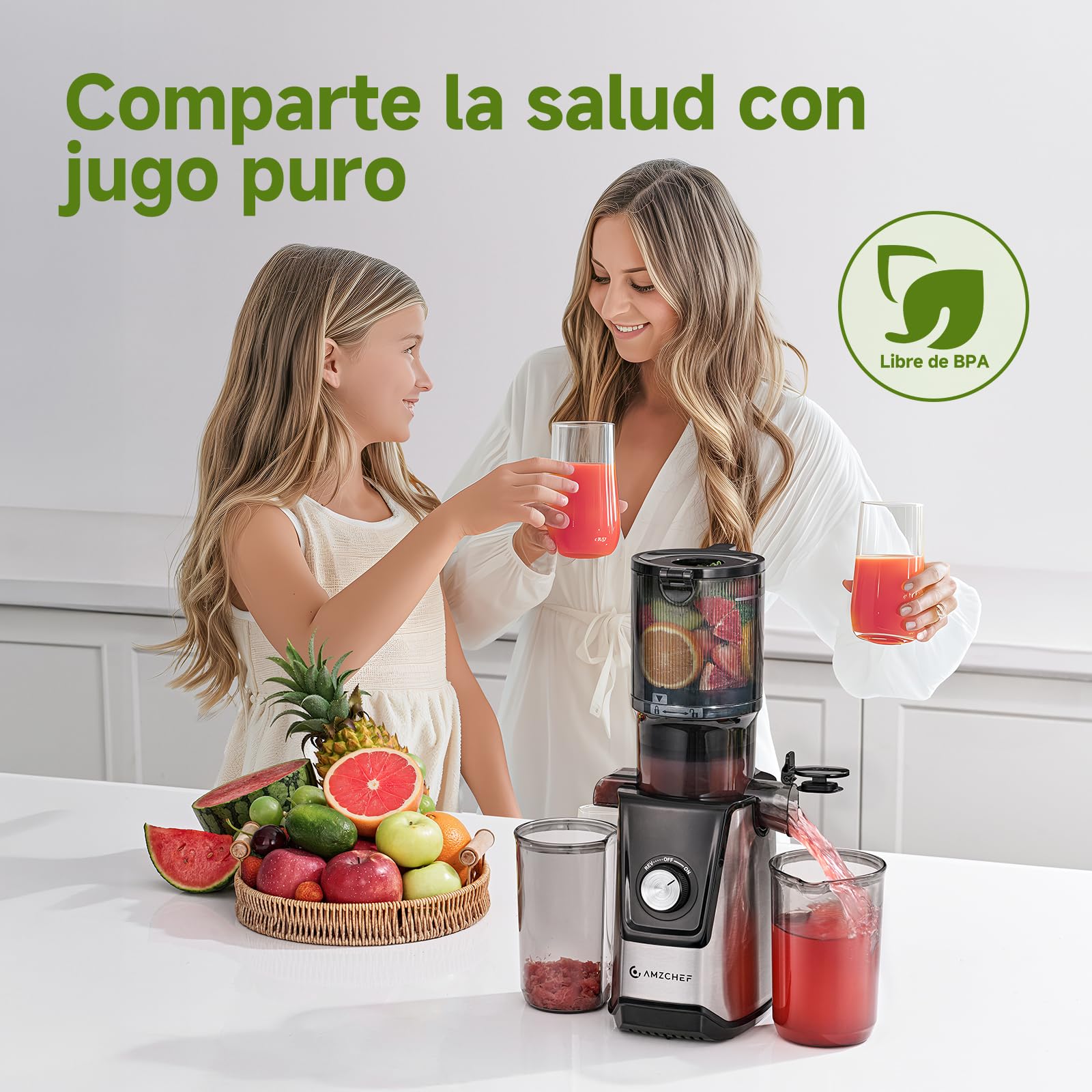 AMZCHEF Extractor de Zumos Lento – Abertura Ancha de 118MM para Frutas y Verduras Enteras – Motor Silencioso de 180W – Alto Rendimiento de Zumo, Fácil de Limpiar