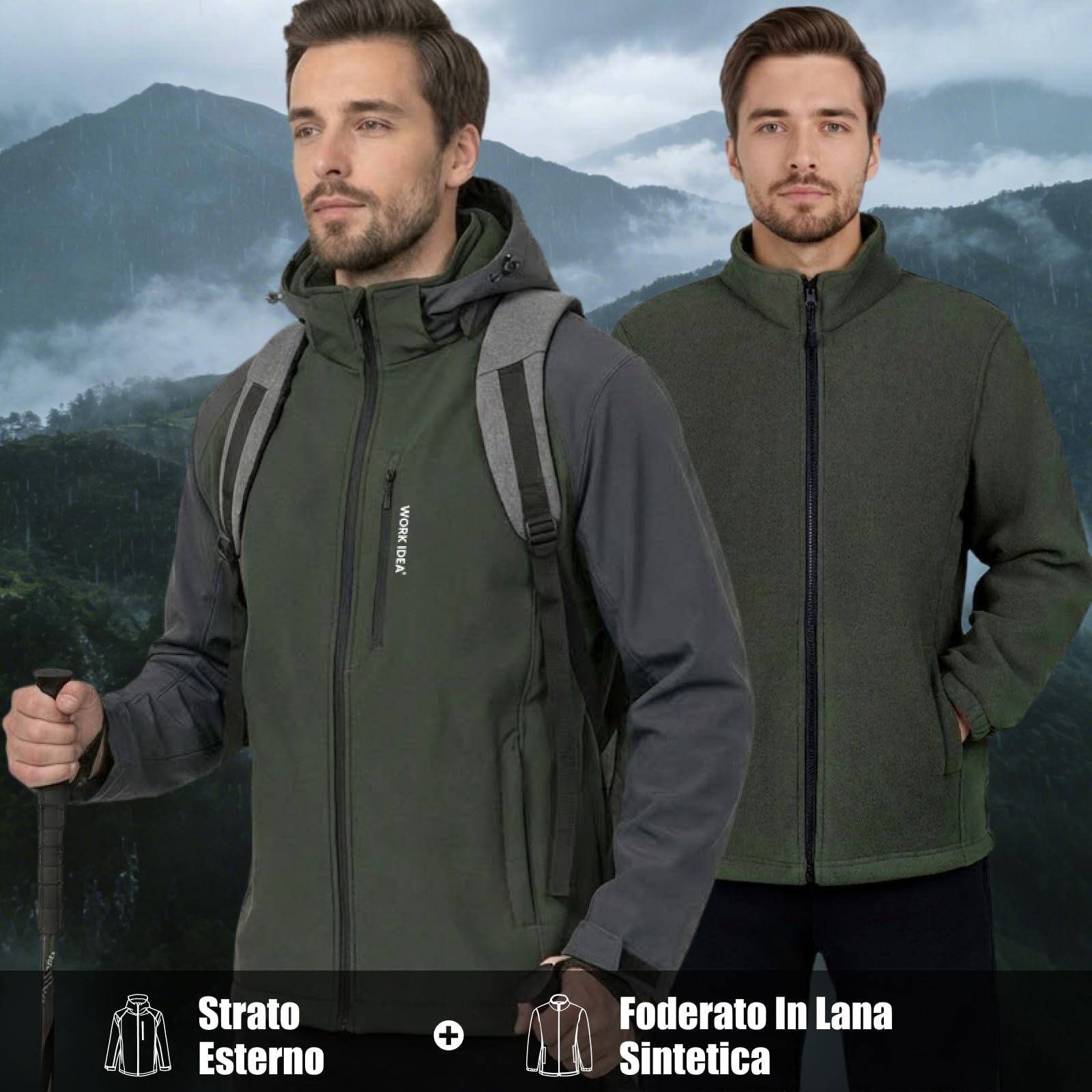 WORK IDEA Giacca da uomo 3 in 1, impermeabile (colonna d'acqua 10000 mm), traspirante, antivento con cappuccio e interno in pile, giacca funzionale per escursioni, bicicletta, campeggio e attività