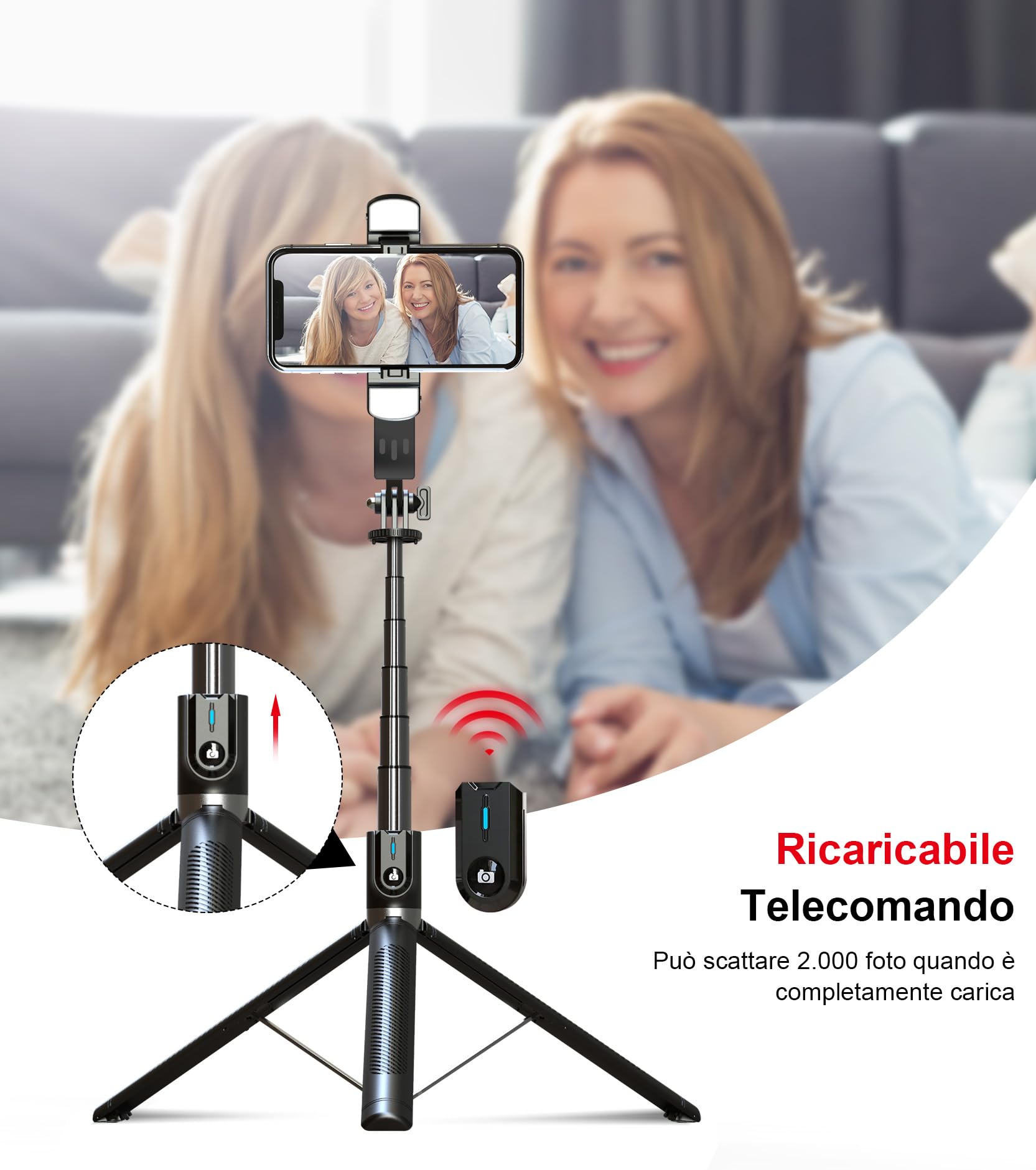 ASHINER Bastone Selfie Treppiede per Smartphone - 180cm Selfie Stick con Telecomando e Luci LED per Viaggi, Vlogging, Streaming Video e Foto, Supporto per Cellulare Compatibile con iPhone e Android