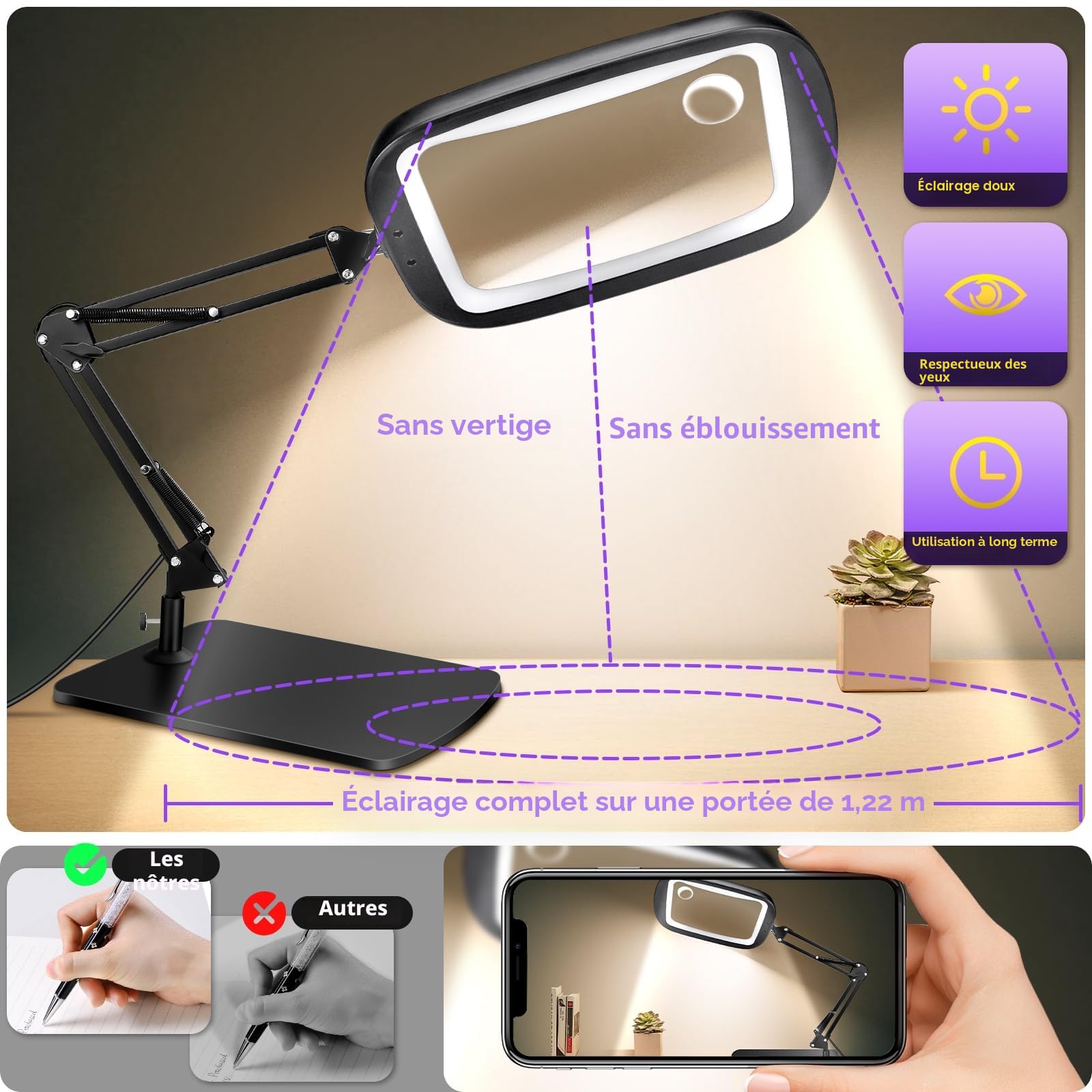 Loupe avec Lumière 60 LED 5 Modes de Couleur Mains Libres pour Lecture, Artisanat