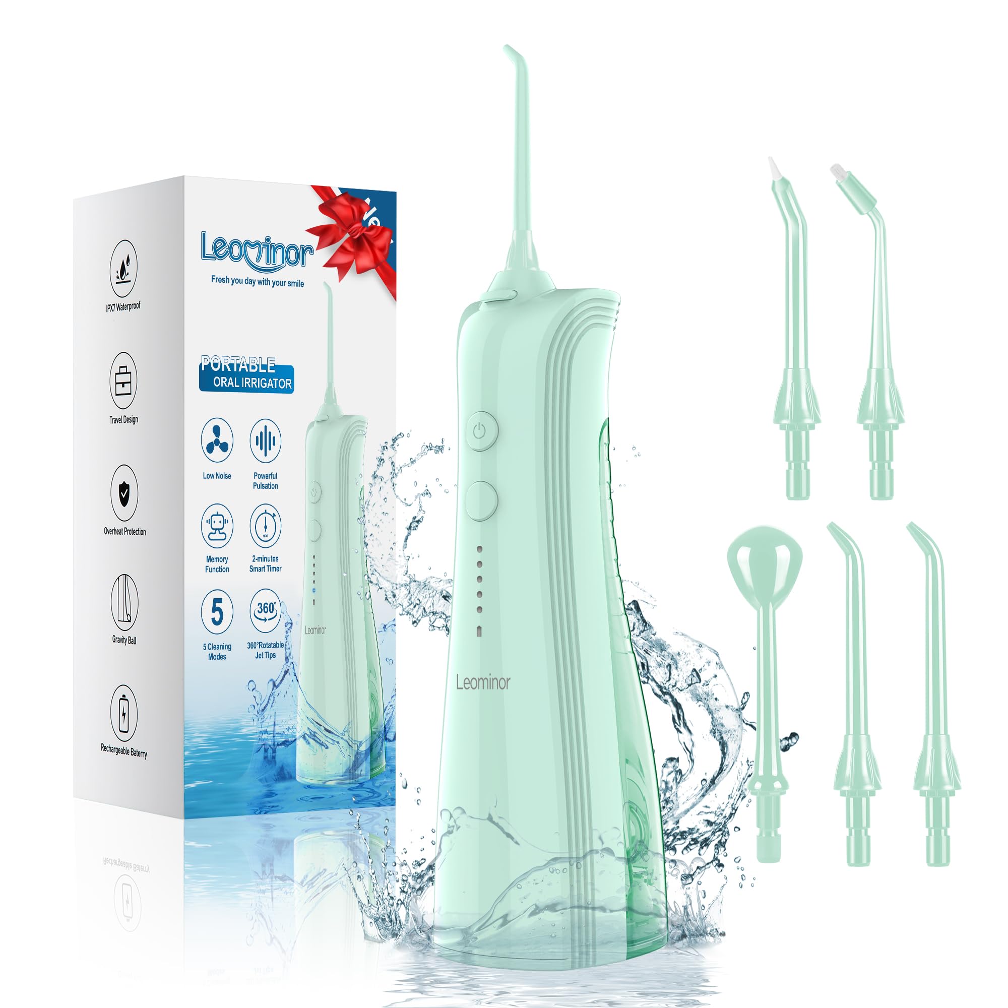 Leominor Water Flosser - 5 Modes Cordless Portable Oral Irrigator, IPX7 Waterproof, Rechargeable Teeth Cleaner Professional Flossing Cleaning Pick for Home Travel (Green)