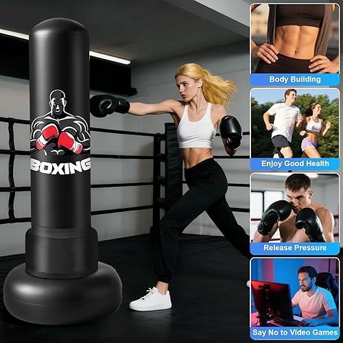 Miniatura 6 de Saco de boxeo para adultos con soporte, bolsa de boxeo pesada de 71 pulgadas con guantes de boxeo y bomba, bolsas de kickboxing para hombres,