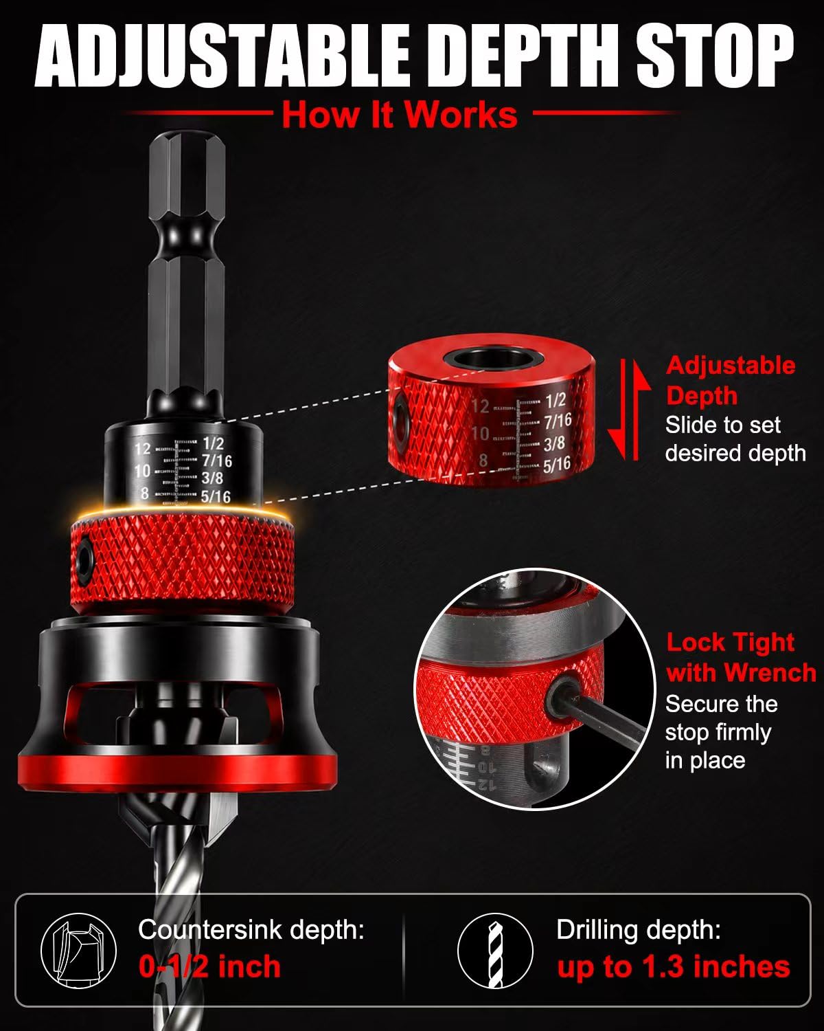 Countersink Drill Bit Set - 9 Piece with Depth Stop -5 Countersink Drill Bit Set - 9 Piece with Depth Stop -5