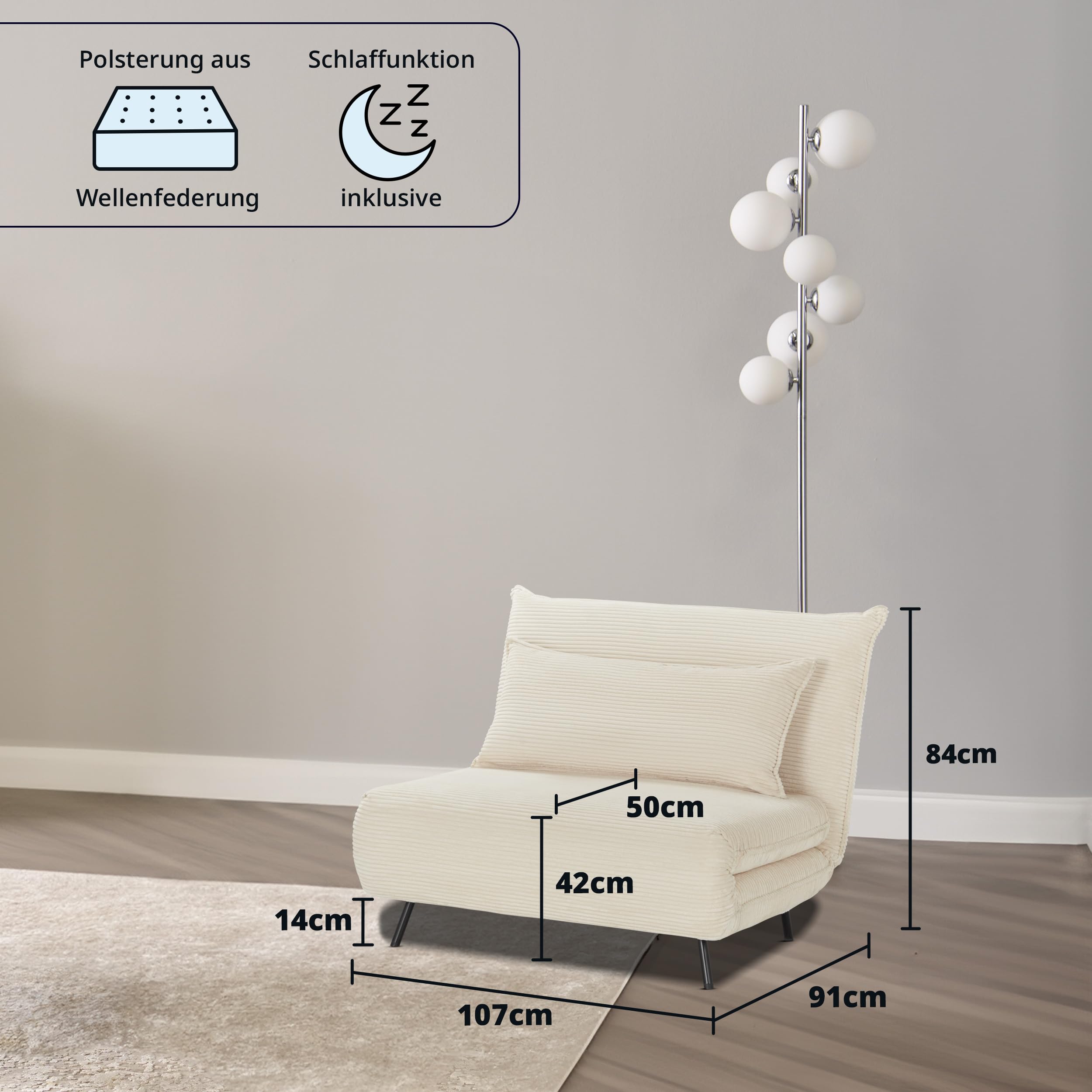 KHG Schlafsessel Beige - Liegefläche ca. 193x108 cm, Sitzhöhe 42 cm, Cordstoff, Relax- und Schlaffunktion, Nosag-Wellenunterfederung, inkl. Nierenkissen, modernes Design