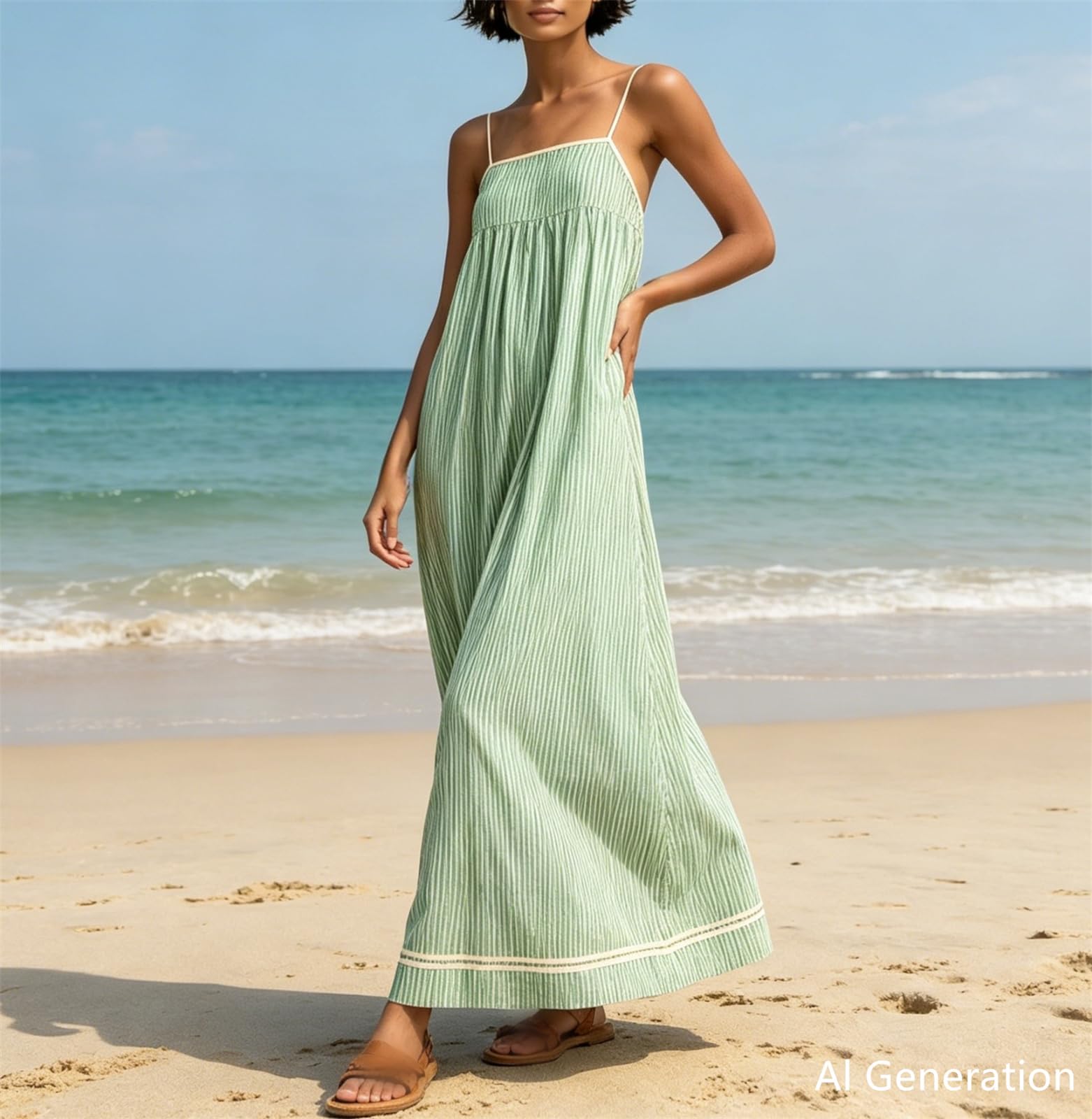 Genérico Vestido Largo de Tirantes Finos Estilo Boho para Mujer, Corte A, con Detalles Rojos