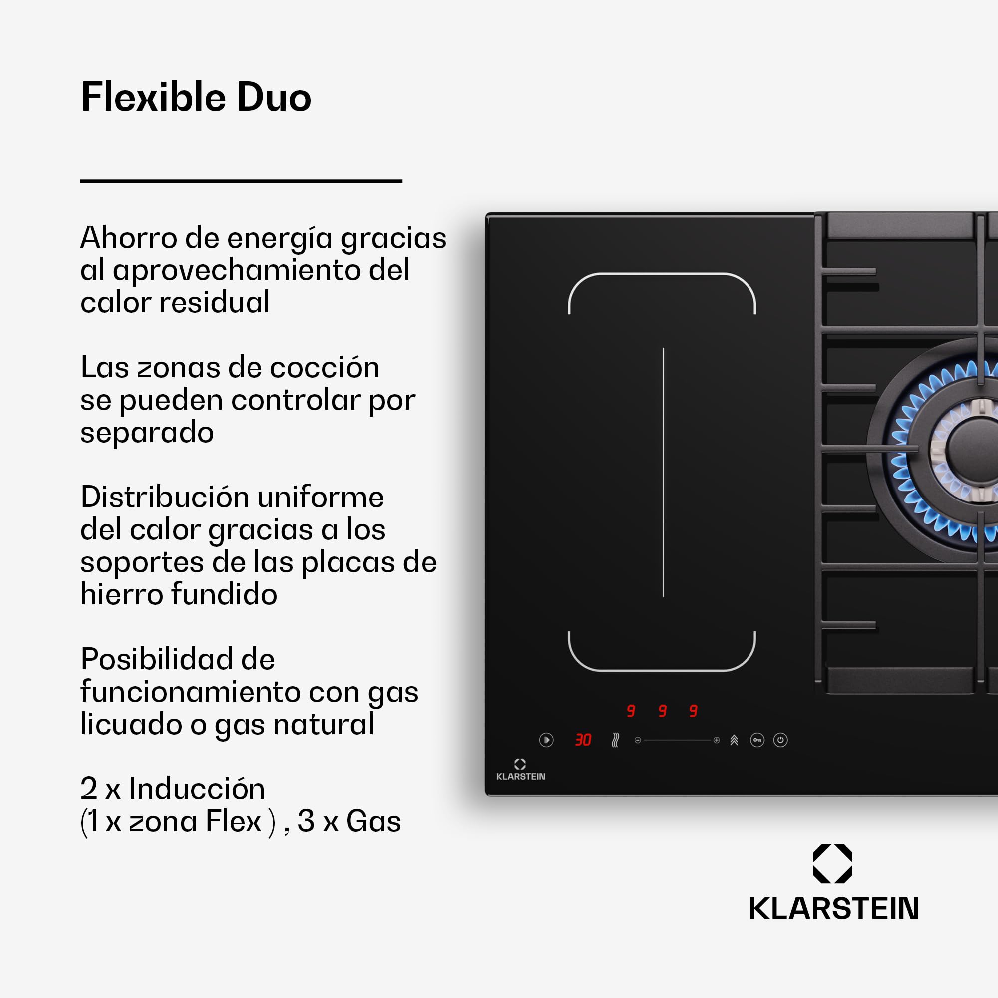 Klarstein MultiChef 5 Placa Mixta Gas Inducción - 5 Zonas (3 Gas, 2 Inducción), Flexzone, Control Deslizante, Stop&Go, Temporizador, 10.6Kw, Negro