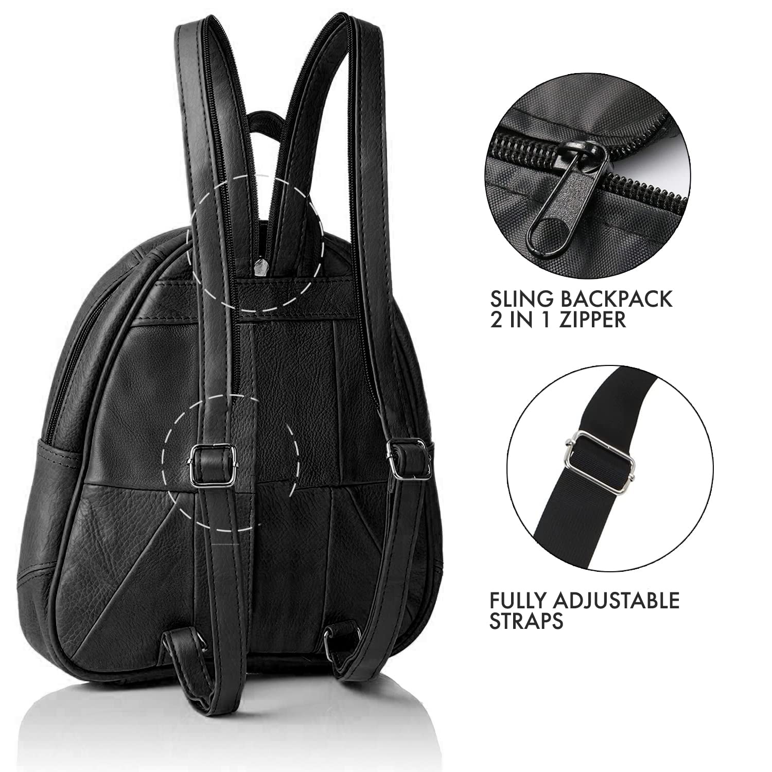 Woodland Leathers Mochilas de moda para mujer, pequeñas mochilas negras para mujer con cremallera antirrobo y asa de bolsa de mano, mochila bandolera 2 en 1