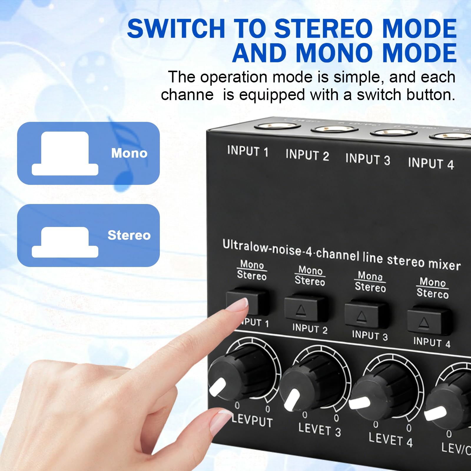 Mixer Audio a 4 Canali, Mixer Audio Stereo, Mixer Attivo Con Cavo Audio da 6,35 mm e Adattatore da 3,5 mm a 6,35 mm, Mixer Audio Stereo a 4 Canali Con 4 Ingressi e 1 Uscita per Microfoni, Chitarre