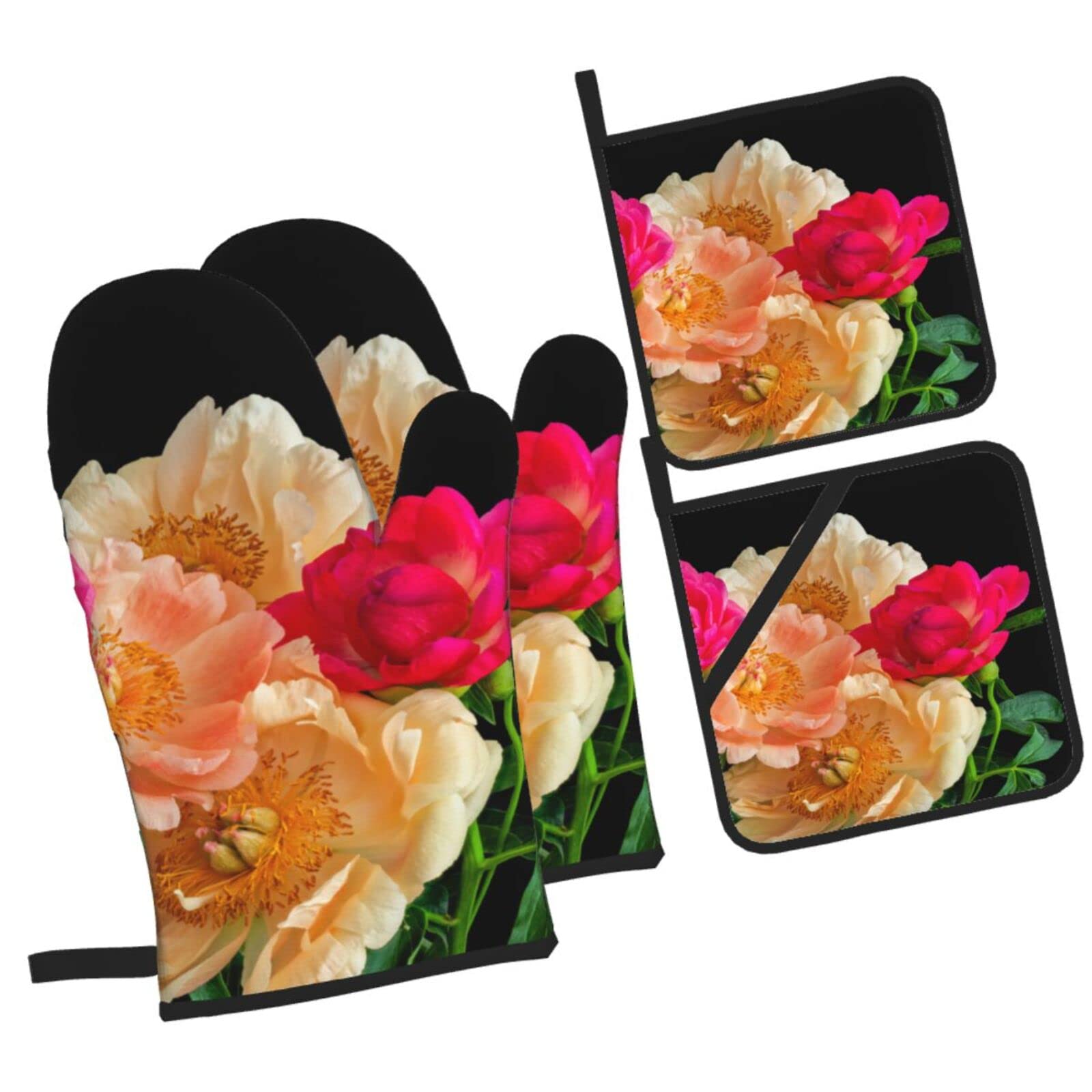 Peony Bouquet Oven Mitts and Pot Holders Sets, Christmas Oven Mitt Kitchen Heat Resistant Non-Slip Pot Holders Set for Cooking Baking BBQ