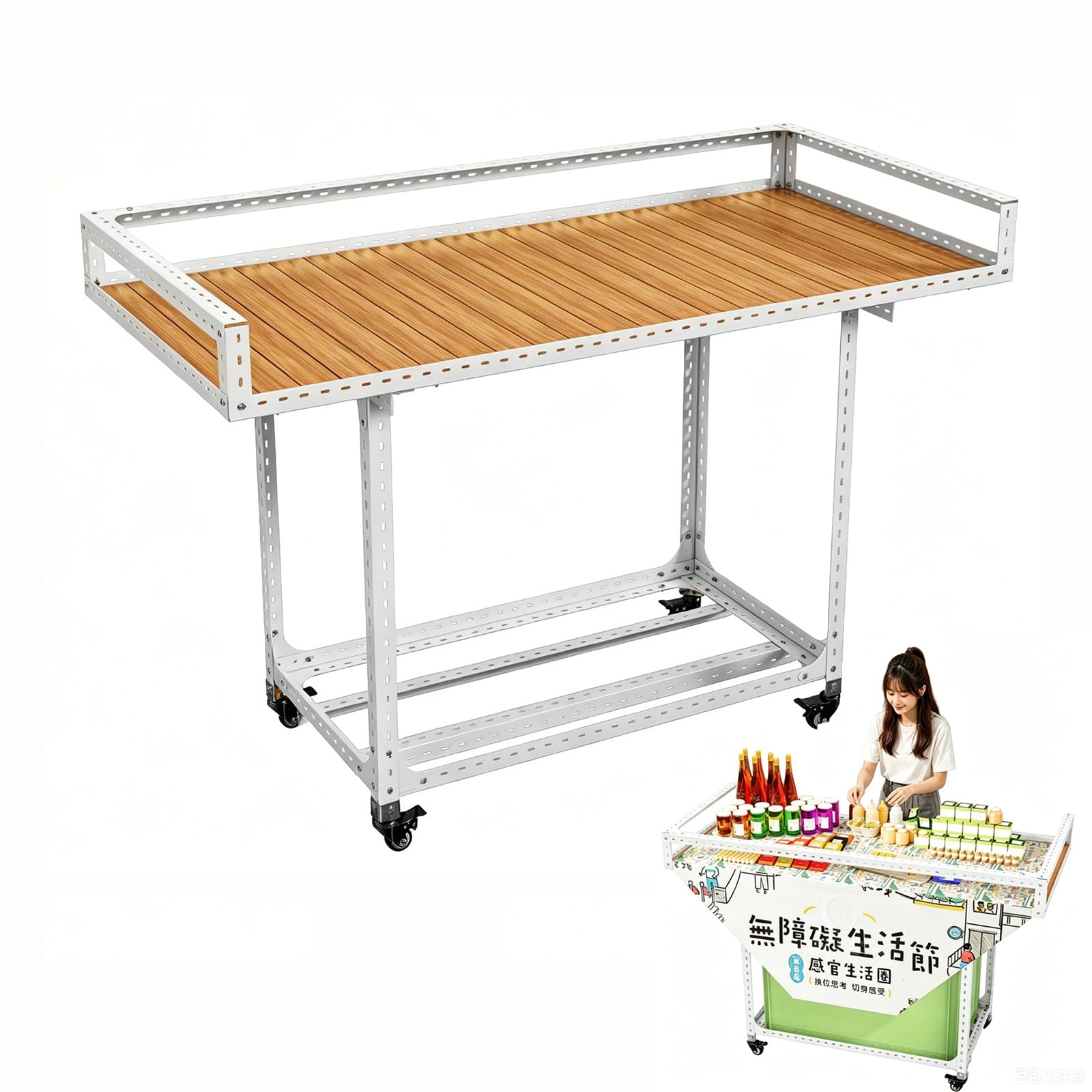 Puesto Ambulante, Carrito de Venta Con Ruedas, Stand de Venta con Mesa Plegable, Puesto para Ferias, Stand Expositor para Exterior, Puesto para Mercado Agrícola(White,150x100cm/59x47in)