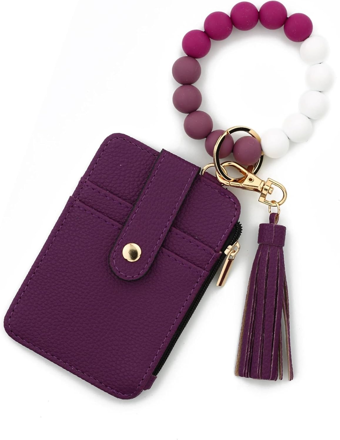 Cute Wristlet Keychain Wallet for Women Boho Credit Card Holder Silicone Beaded Tassel Coin Purse PU Leather Bracelet Wallet (I) - Image 1 of 7