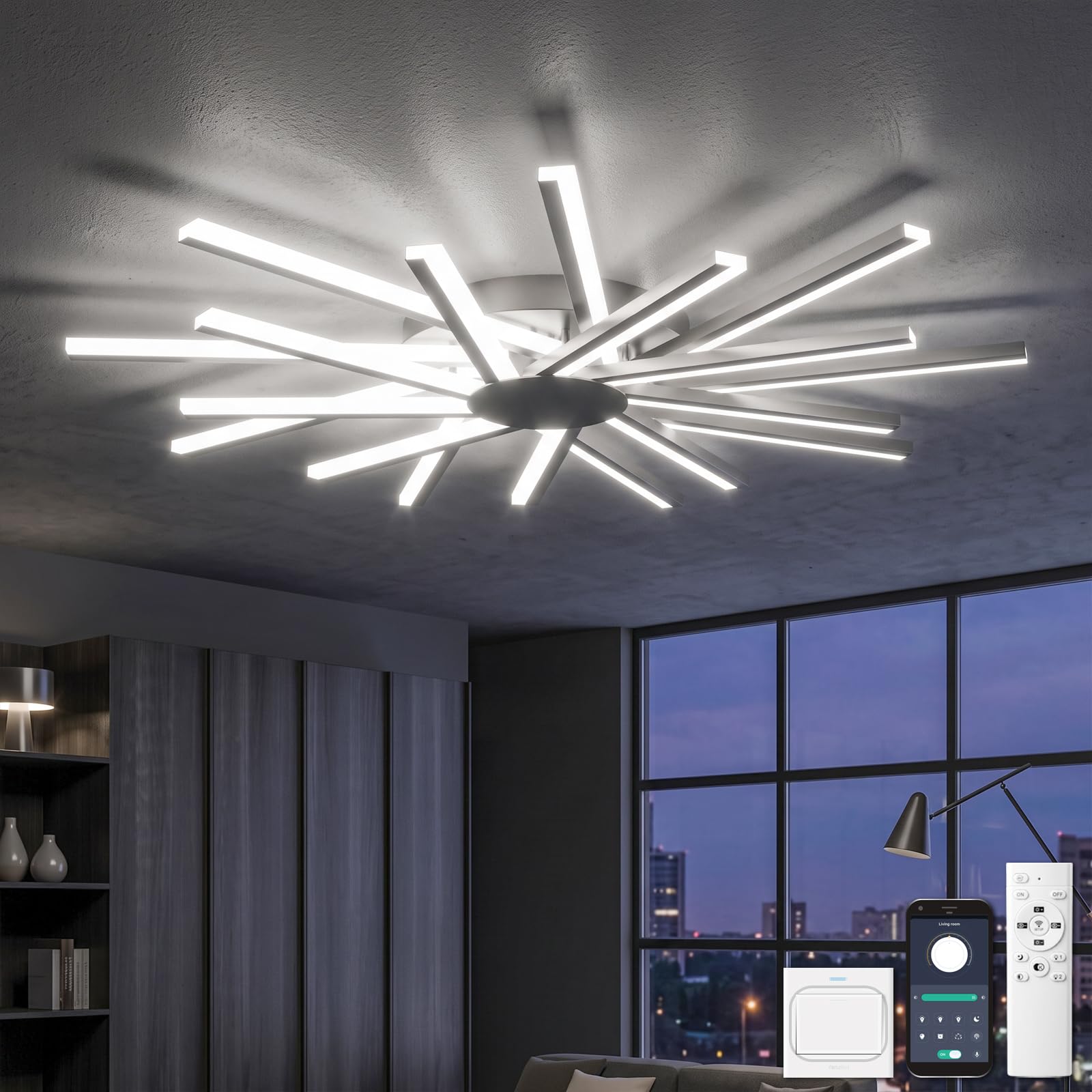YOLEDY Φ96cm Ceiling Lights Living Room, Large Ceiling Lighting Modern, Led Light Fittings Ceiling with 18 Light, Dimmable, with Remote Control, Memory Function, Black