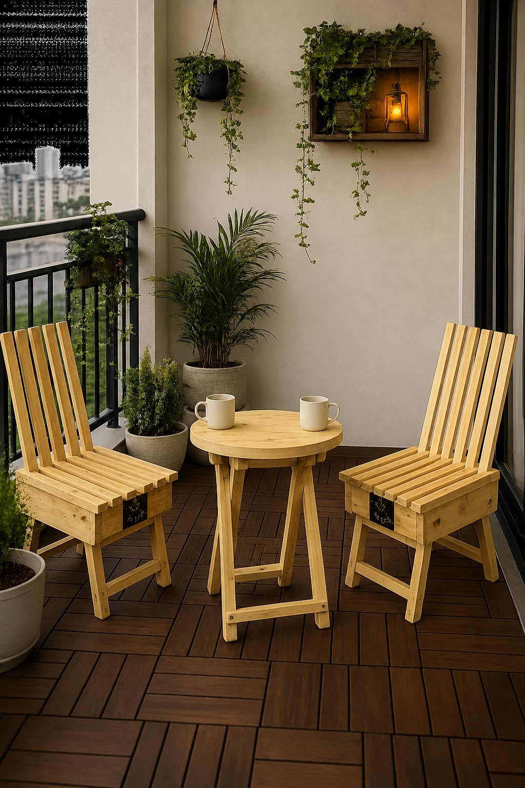 Talha ArtCraft Solid Wood Balcony Furniture Set | 2 Wooden Chairs with 1 Round Tea Table | Premium Pine Wood Outdoor & Indoor Seating Set | Patio, Garden, Living Room-image-22