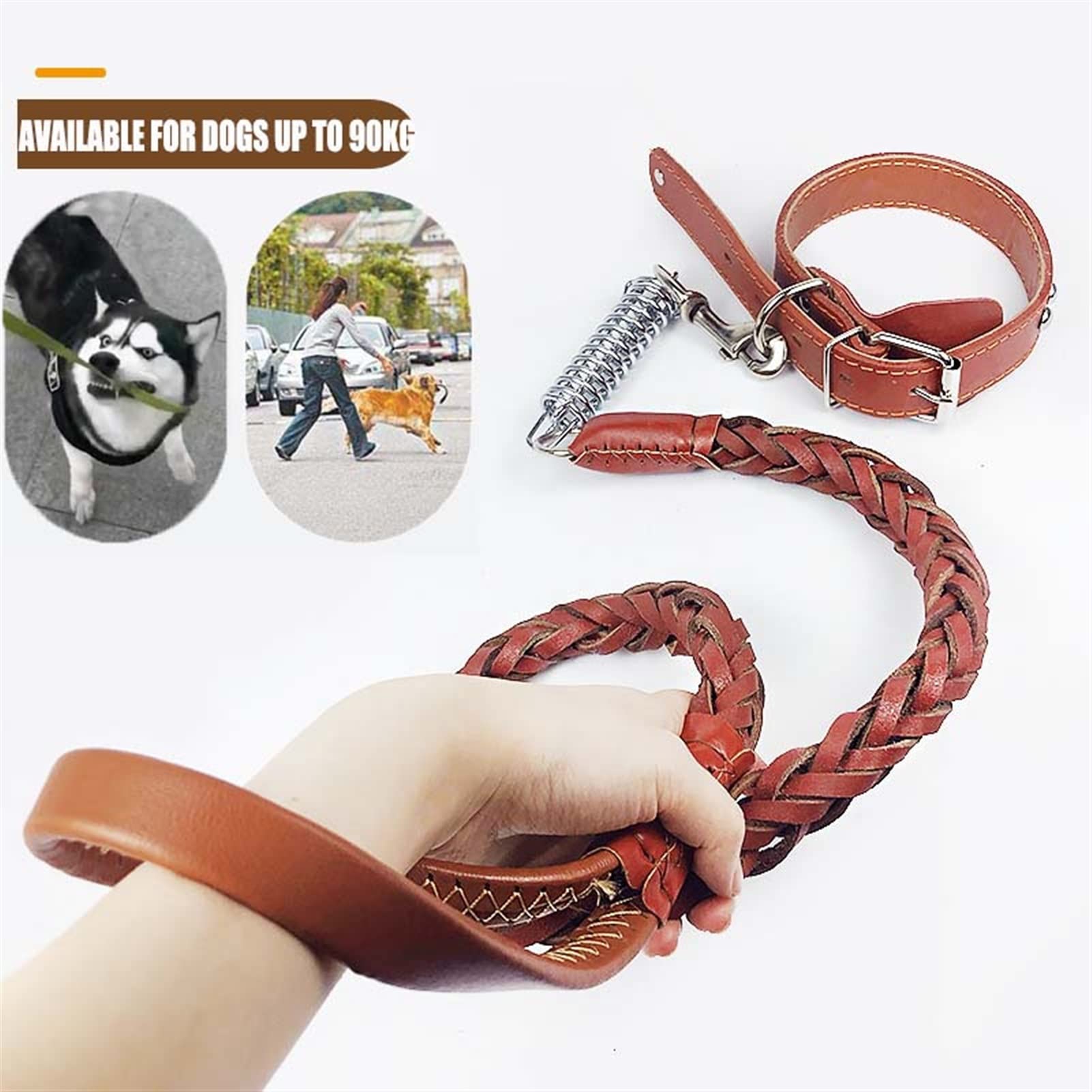 Guinzaglio del Cane e Collare di Addestramento Set Vera Pelle Intrecciata Pesante Guinzaglio di Addestramento per Cani con Molla Resistente Scossoni e Maniglia Morbida per Grandi Cani
