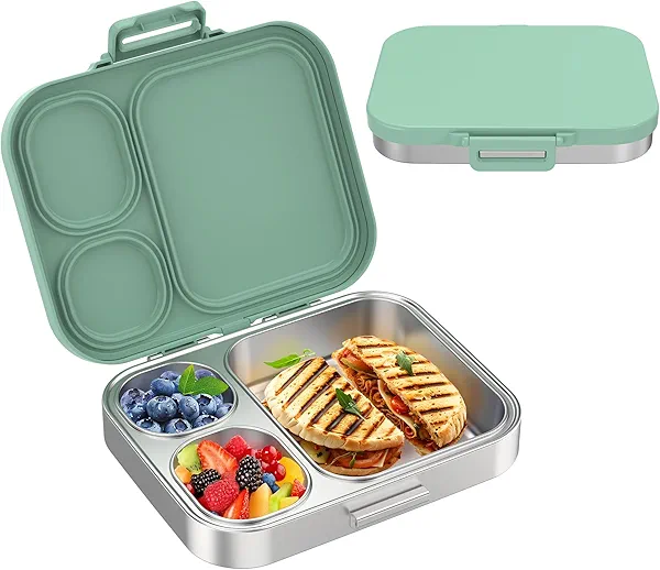 Pawtong Stainless Steel Bento Lunch Box for Kids | 3-Compartment Lunch Box Container Kids | 100% Leakproof, Dishwasher-Safe, Eco-Friendly, Perfect Portion Control for Kids&Adult Healthy Meals (Green)