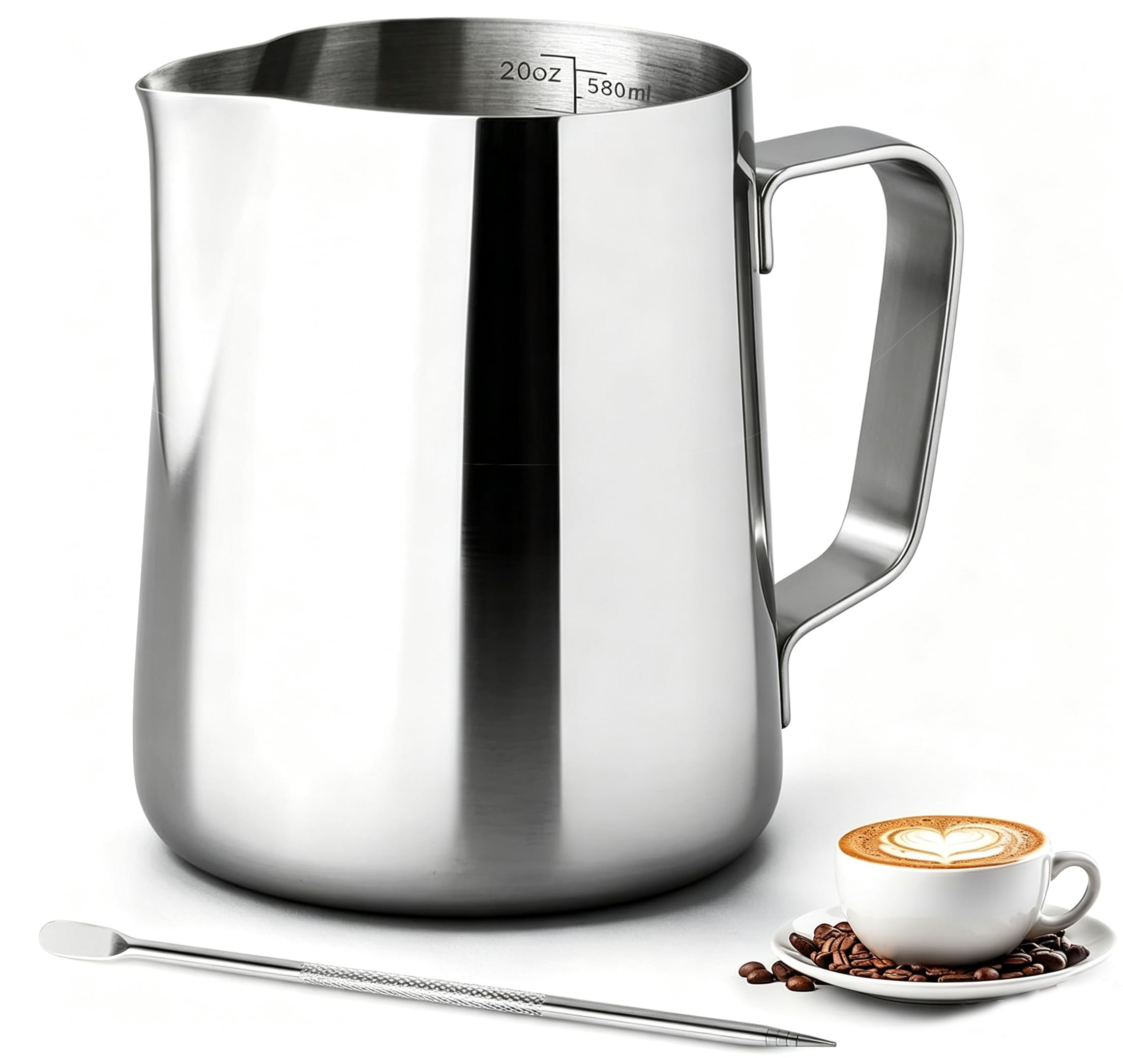 PLACHIDAY Milk Frothing Pitcher, 600ML/20oz Milk Jug for Coffee Machine, Stainless Steel Pitcher with Measurement Mark and Decorating Pen for Making Latte Art and Cappuccino, Silvery