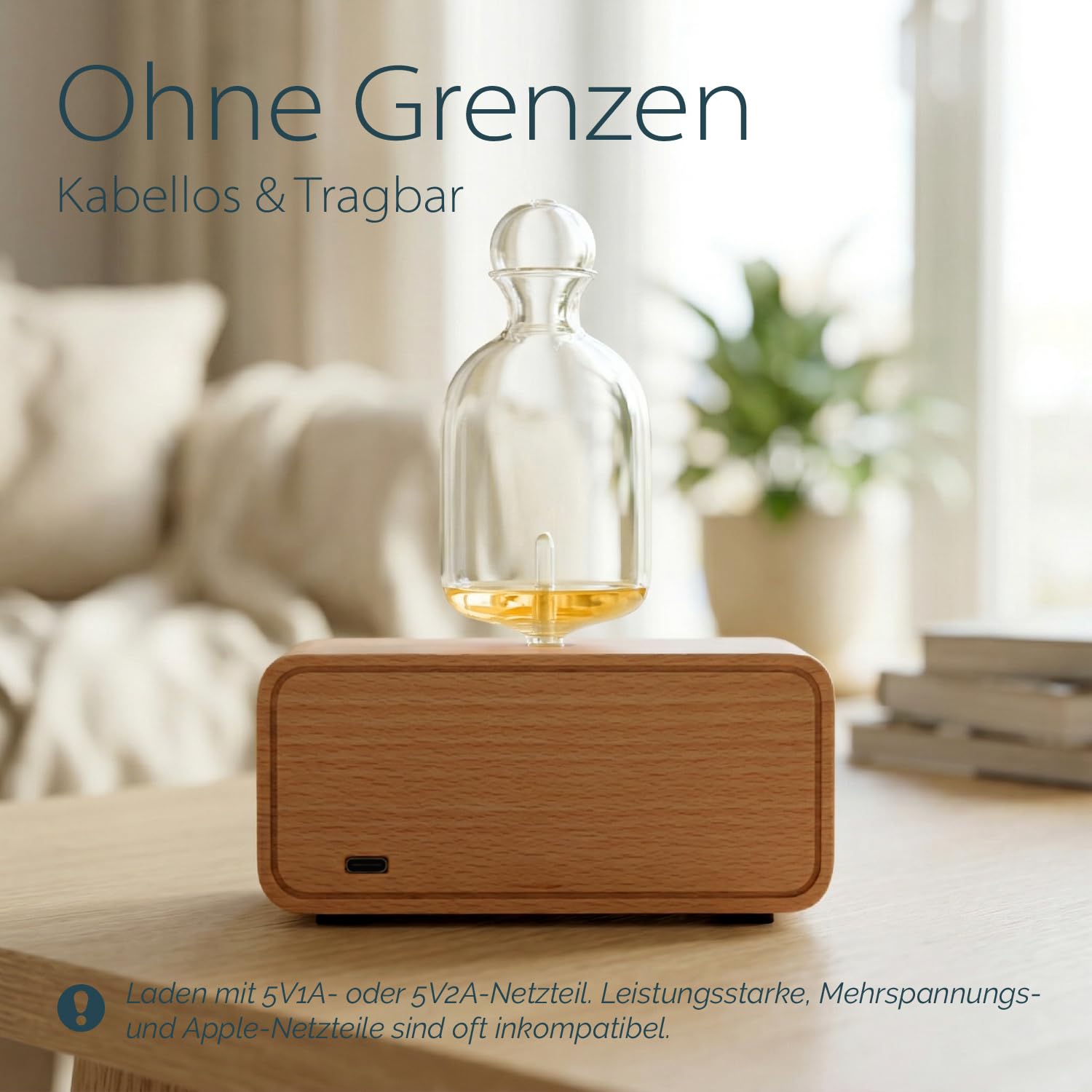 Aria Wasserloser Aroma Diffuser Kabellos für Aromatherapie | 30ml Glas Vernebler & Buchenholz, Plastikfrei und BPA-frei, 10 Tage Akkulaufzeit, Flüsterleise <30dB, Duftreichweite 60 m²