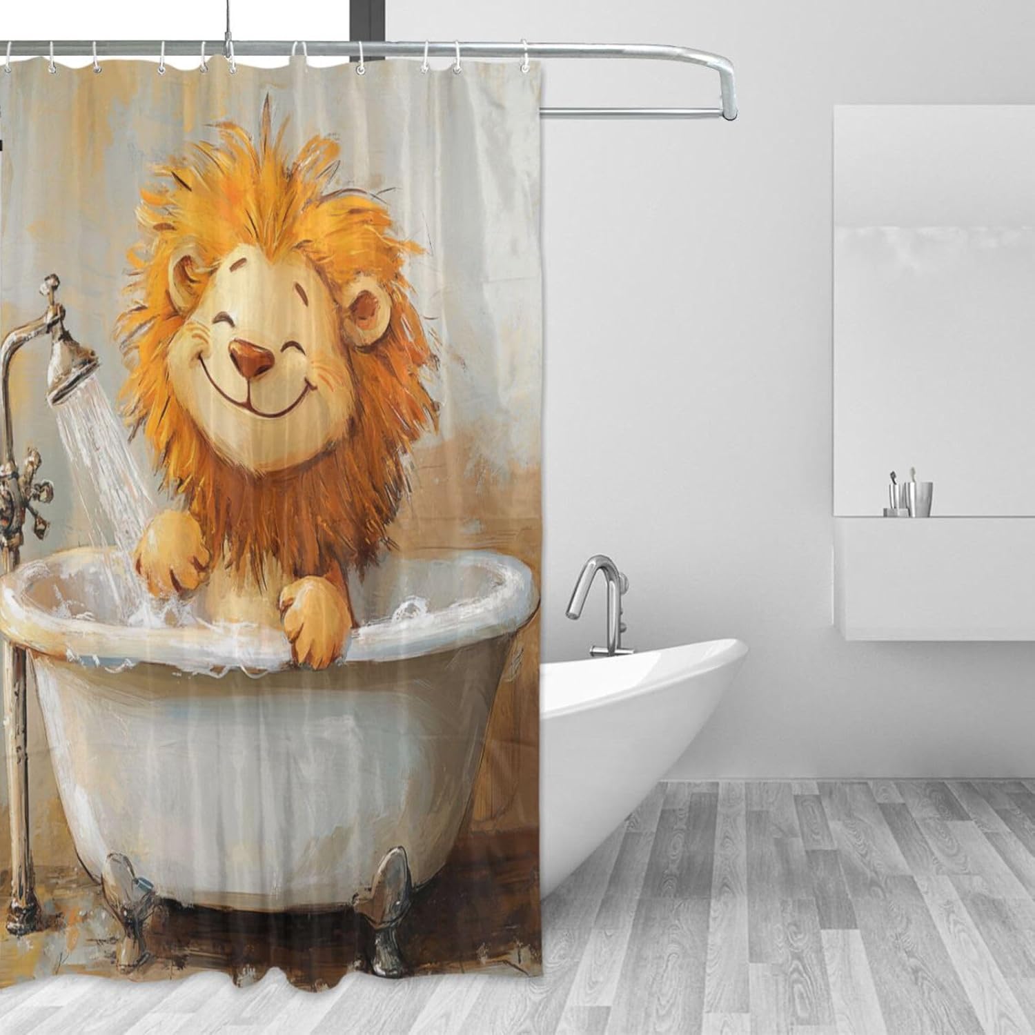 72x72 Inch Shower Waterproof Bath Curtain with Curtain Fabric Washable Simple Liner for Bath Cartoon Lion Vintage Bathtub