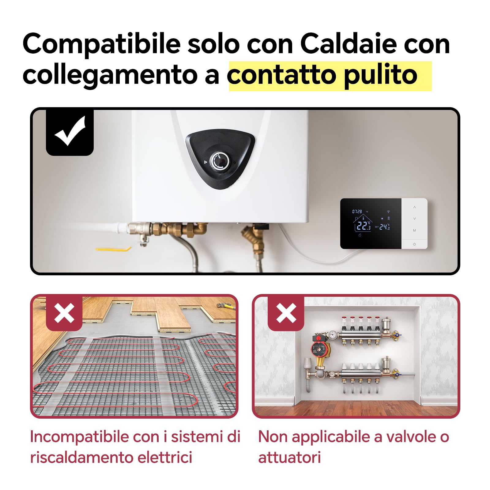 Termostato Wi-Fi a batteria con 2 fili, controllare per la caldaia a gas, termostato Tuya programmabile giornalmente, compatibile con controllo vocale di Google e Alexa.W506 3A