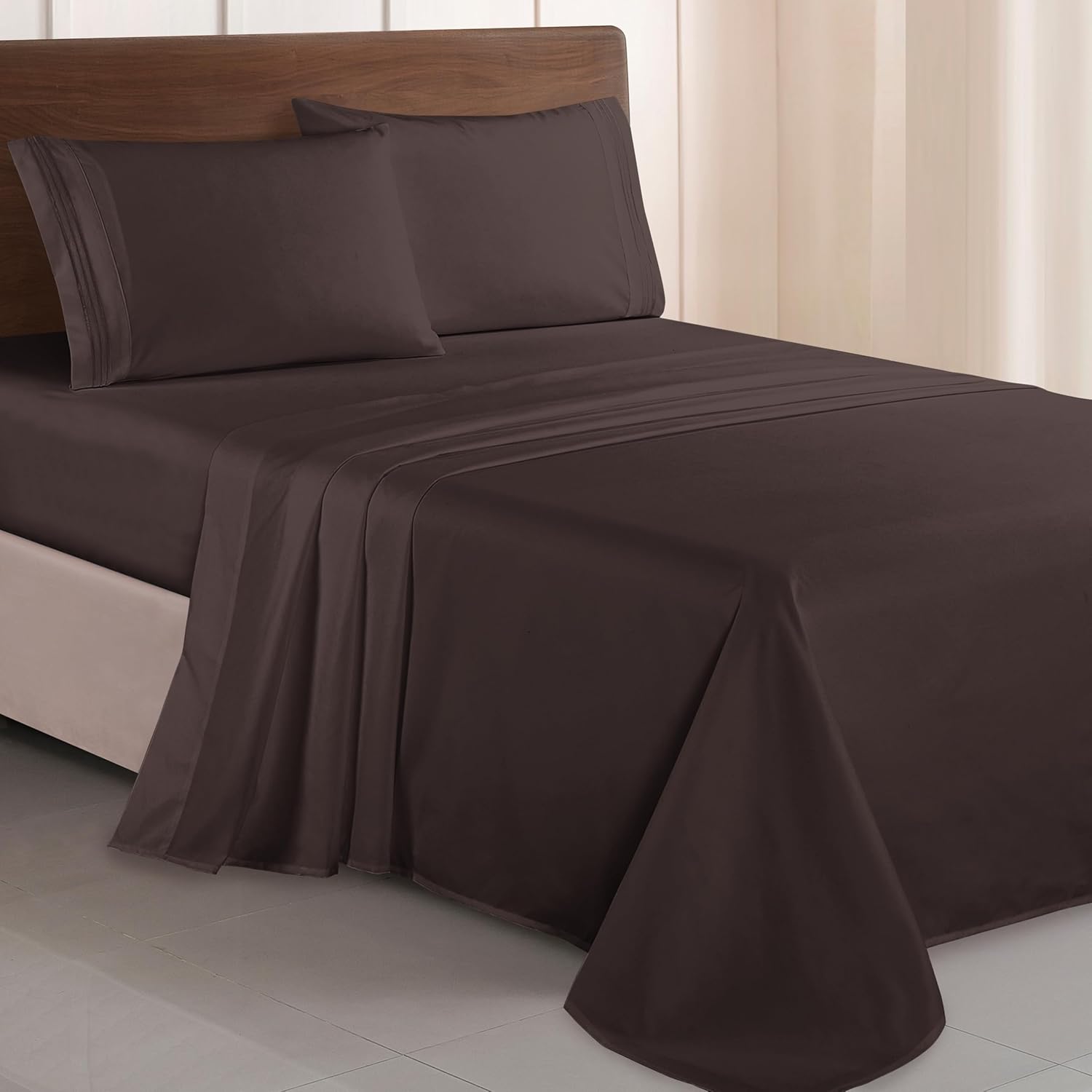 Elegant Comfort Luxurious 1500 Premium Hotel Quality Microfiber Three Line Embroidered Softest 4-Piece Bed Sheet Set, Wrinkle and Fade Resistant, King, Chocolate Brown