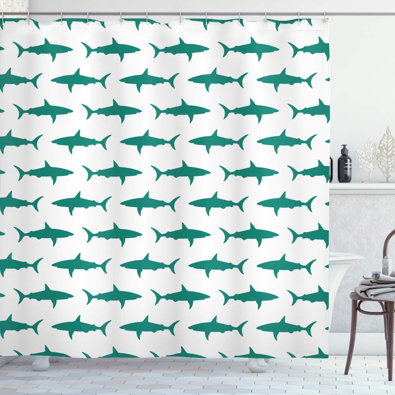 Ambesonne Sea Animals Shower Curtain, Sharks Swimming Horizontal Silhouettes Powerful Dangerous Wild Life, Cloth Fabric Bathroom Decor Set with Hooks, 69" W x 70" L, Teal White