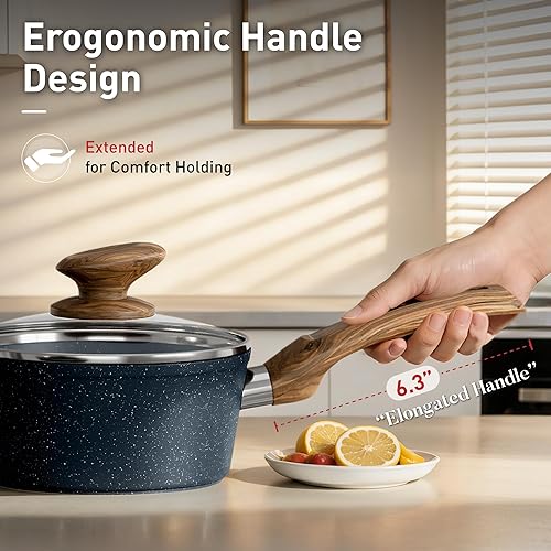 Miniatura 8 de DisDelight - Juego de ollas y sartenes de inducción antiadherentes, antiadherentes de granito para cocina, sartenes azules, sin PFOA ni PFOS
