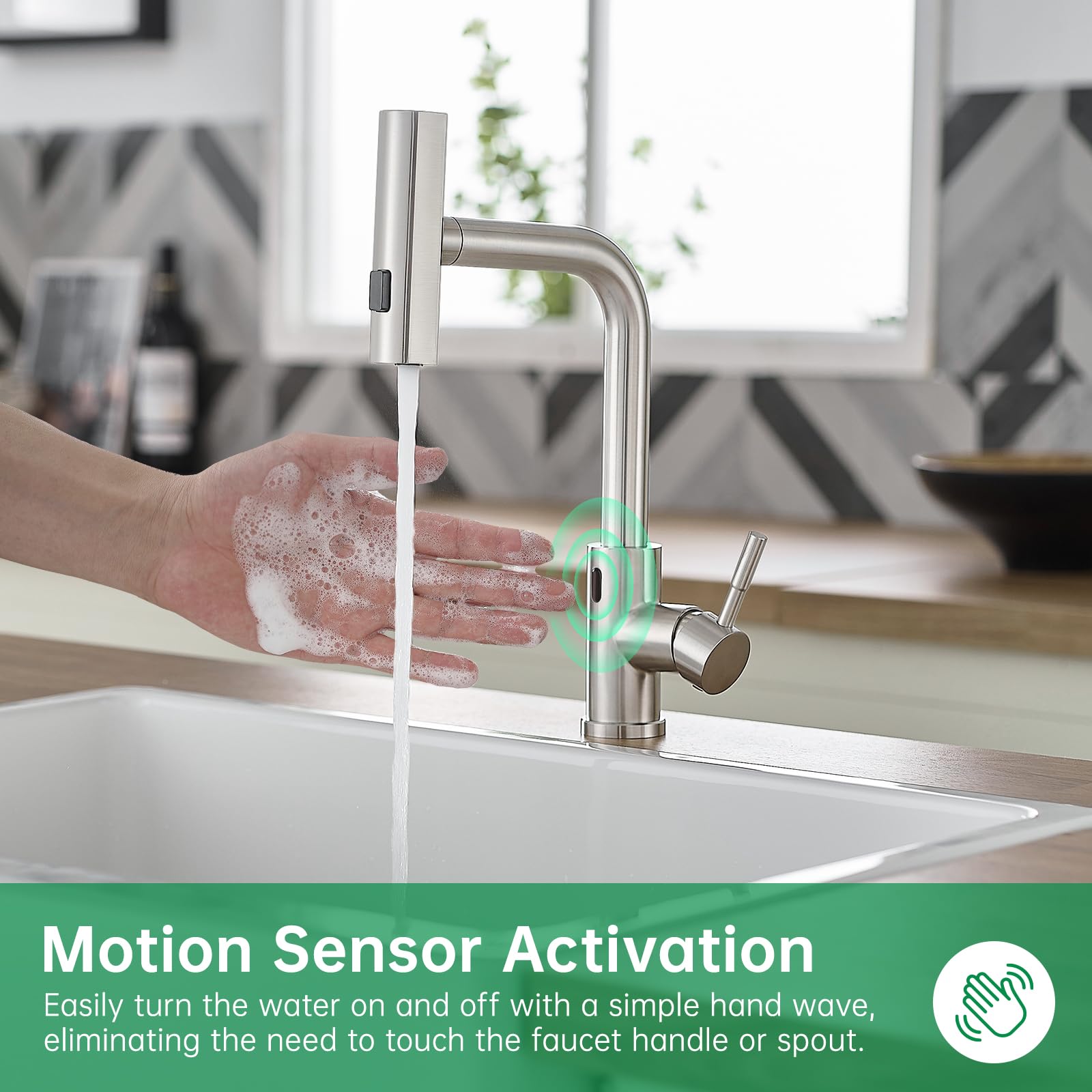 CENOSA Grifo de cocina sin contacto con sensor de movimiento, manos libres, rociador extraíble, níquel