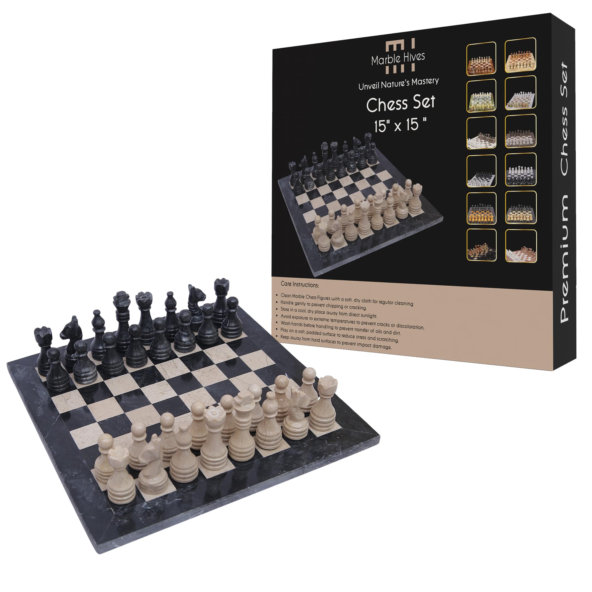 Handmade Marble Chess Set -Chess Sets for Adults - Premium Quality Chess Boards - Fancy Chess Boards (15 x 15 Without Checkers, Black & Verona)