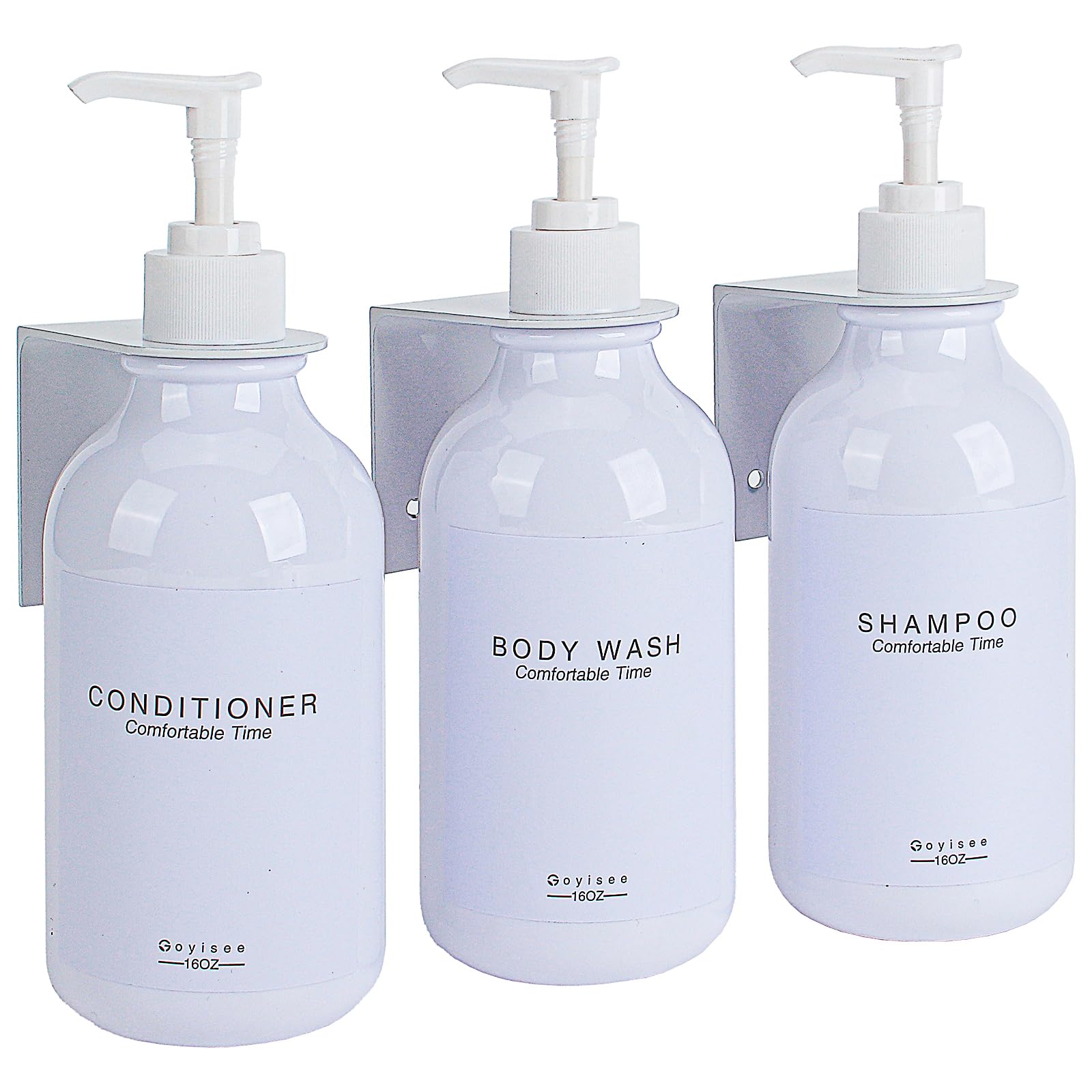 GOYISEE Dispensador de Champú y Acondicionador de 3 Habitaciones en la Pared de la Ducha, Botella de champú y acondicionador Recargable con Etiqueta Impermeable (3 Bottles 3 Wall Mounts-White)