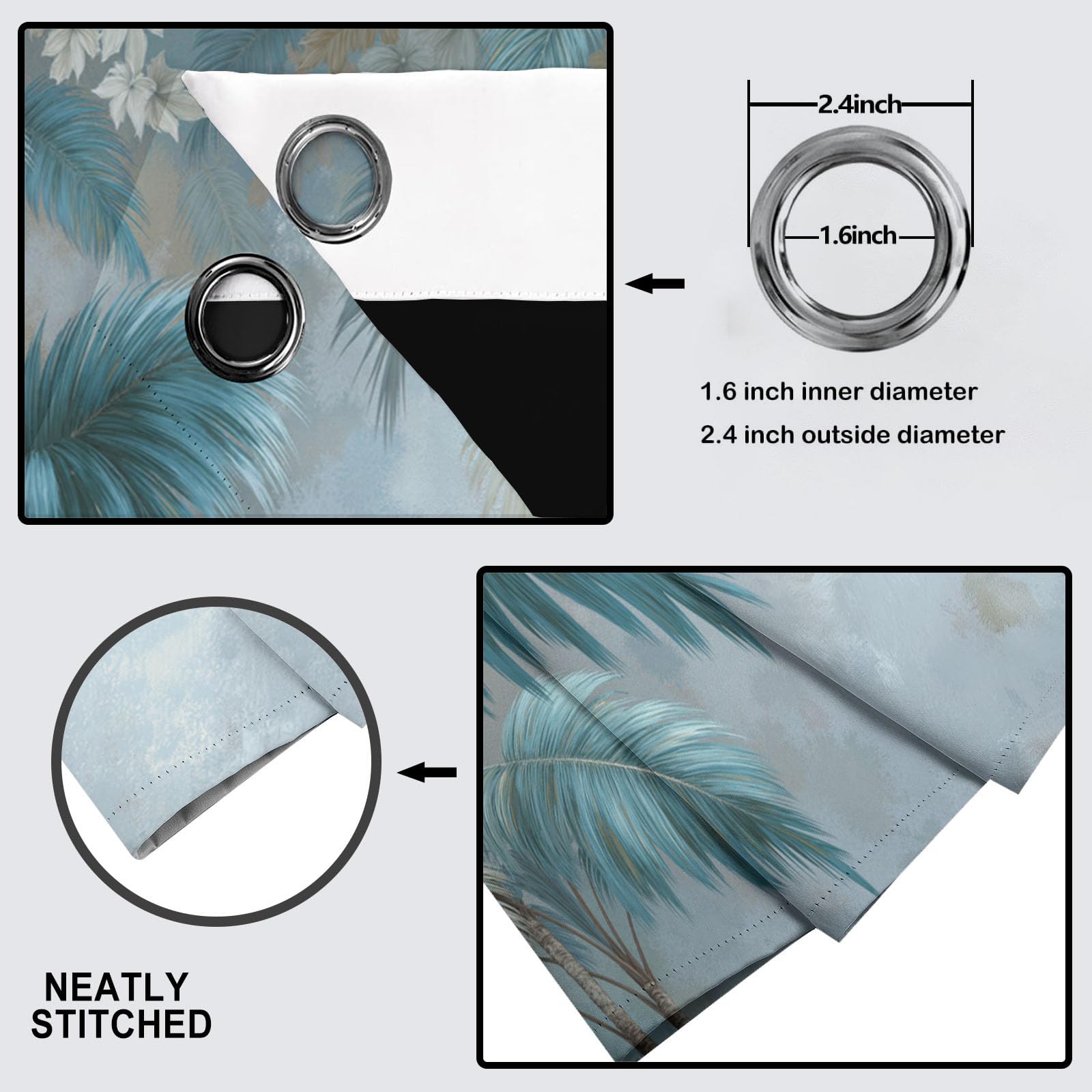 Hojas Tropicales Cortinas Opacas De Hojas Palma Pequeñas Flores Blancas Salon Dormitorio Decoración De La Ventana, 2 Piezas Cortinas Ollaos Azul Hielo, Aislantes Frio Y Calo 140An X 175Al Cm