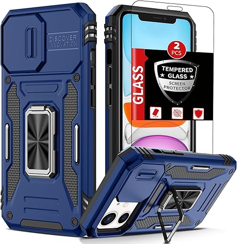 Funda para iPhone 11 con 2 protectores de pantalla de vidrio, funda con función atril para iPhone 11 con cubierta deslizante para cámara y soporte