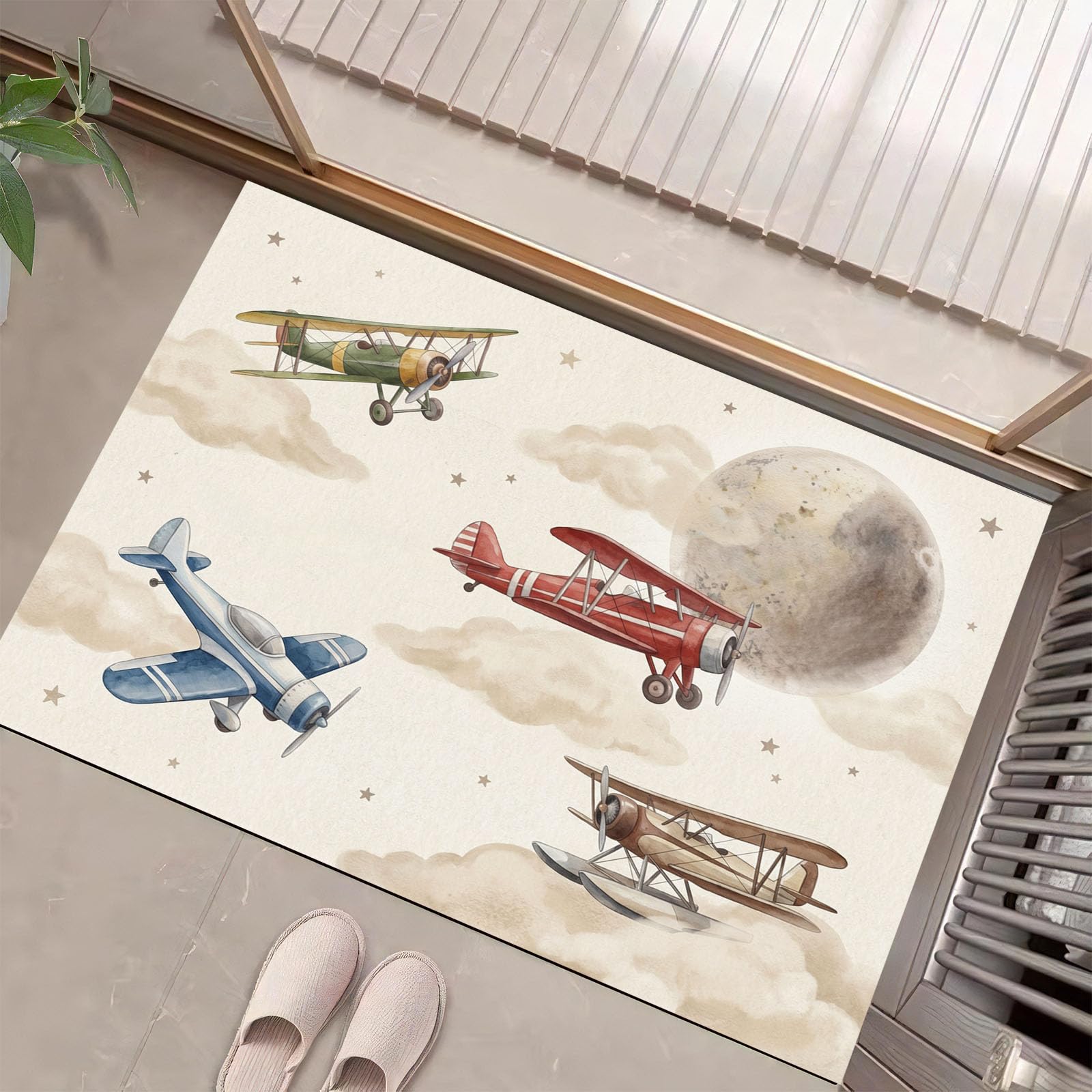 Felpudo de Entrada 80x120cm, Alfombra Estilo De Aviación Retro Atrapapolvo Alfombra Nubes De Avión Antideslizante Lavable, Alfombrilla con Microfibras Suaves Absorbentes para Puerta, Pasillo, Crema