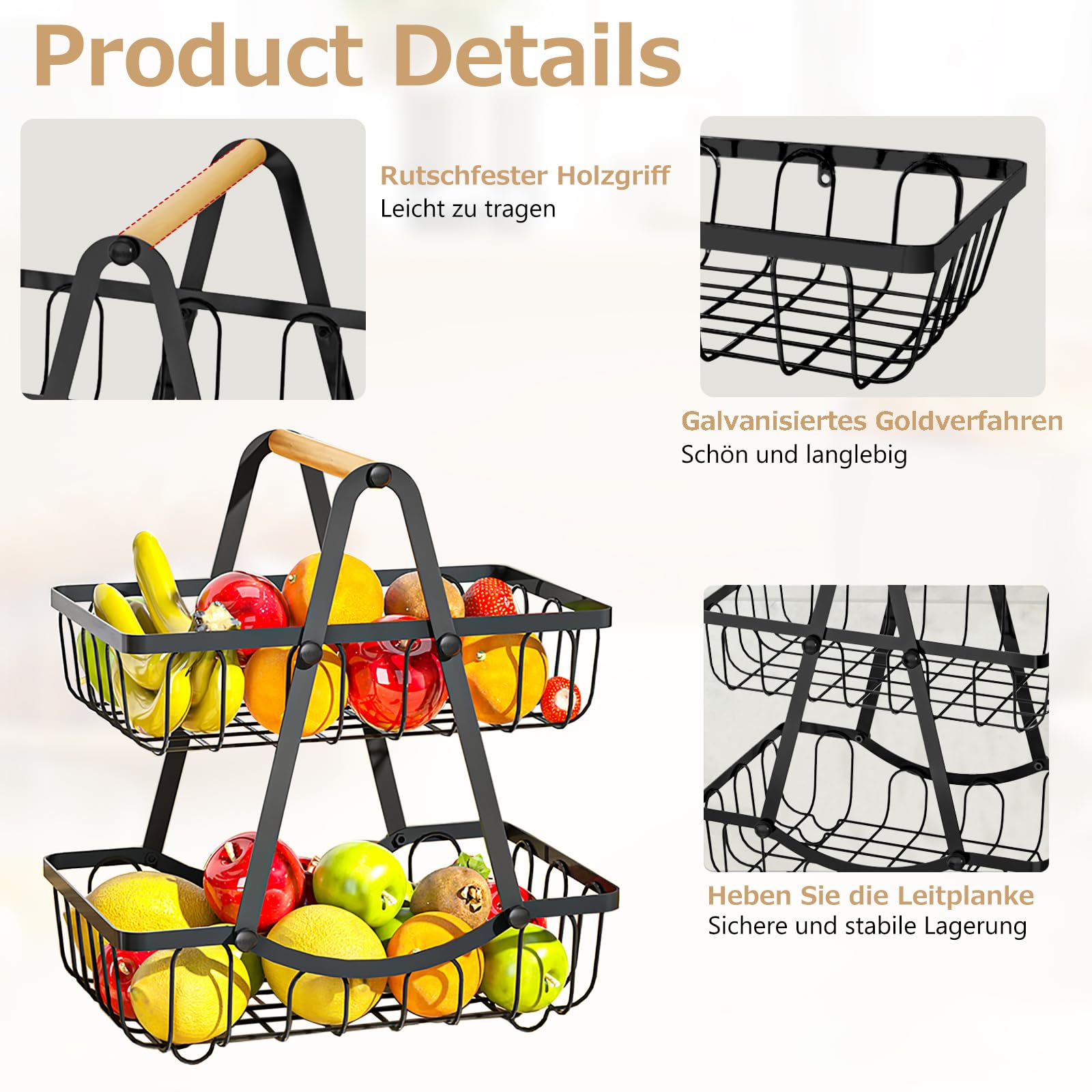 GOLDFOX Corbeille à Fruits 2 Étages Avec Anse En Bois - Panier Métal Noir Pour Cuisine Et Organisation