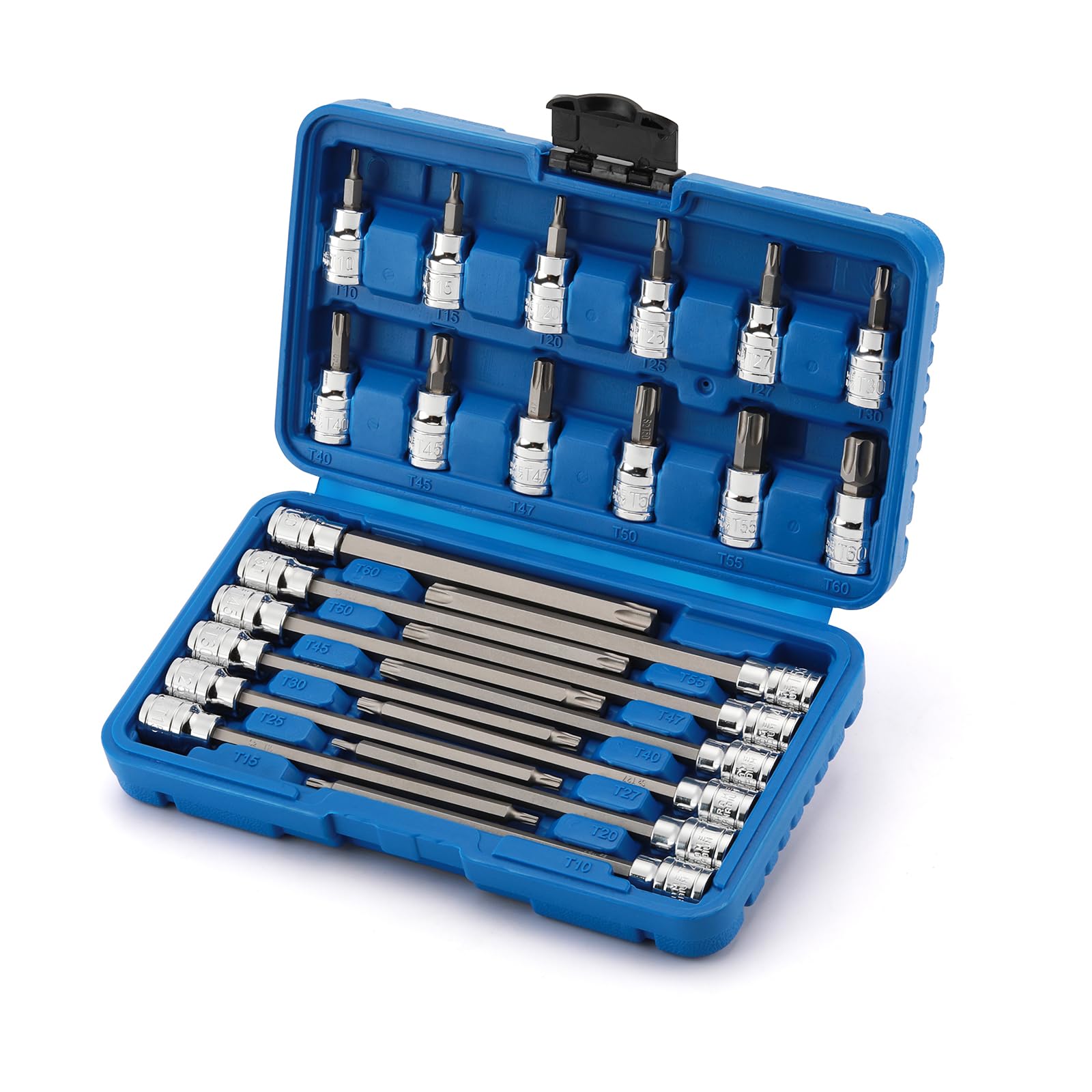 CASOMAN Juego de llaves de vaso Torx extralargas y estándar de 3/8 pulgadas, juego de brocas Torx Star, T10 a T60, longitud: 150 mm, acero CR-V y S2