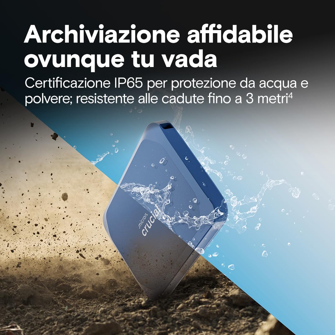 Crucial X10 SSD Esterno 6TB, Fino a 2100 MB/s, USB-C 3.2 Gen2, IP65 Resistenza ad Acqua e Polvere, Hard Disk Esterno, Blu Opaco - CT6000X10SSD9-02